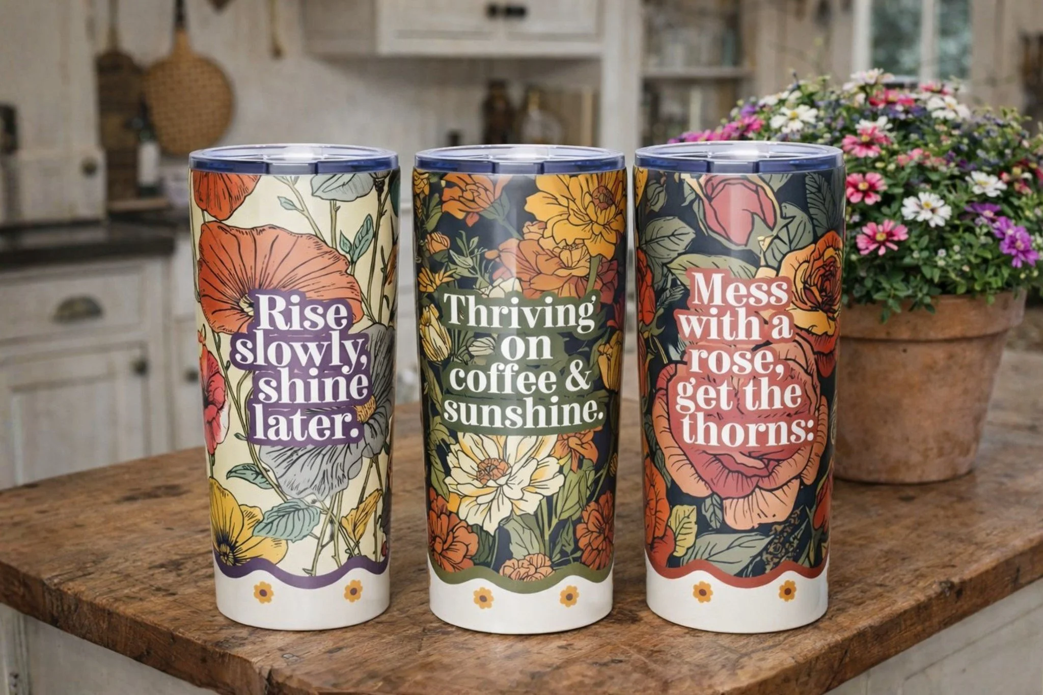 Okay I might be a little obsessed with how these turned out. 🌼🌹 Morning Glory, Marigold, and Rose &mdash; all ready for coffee in the garden season.

They&rsquo;re $39 with free shipping. If one feels like you, they&rsquo;re on the website. Link in