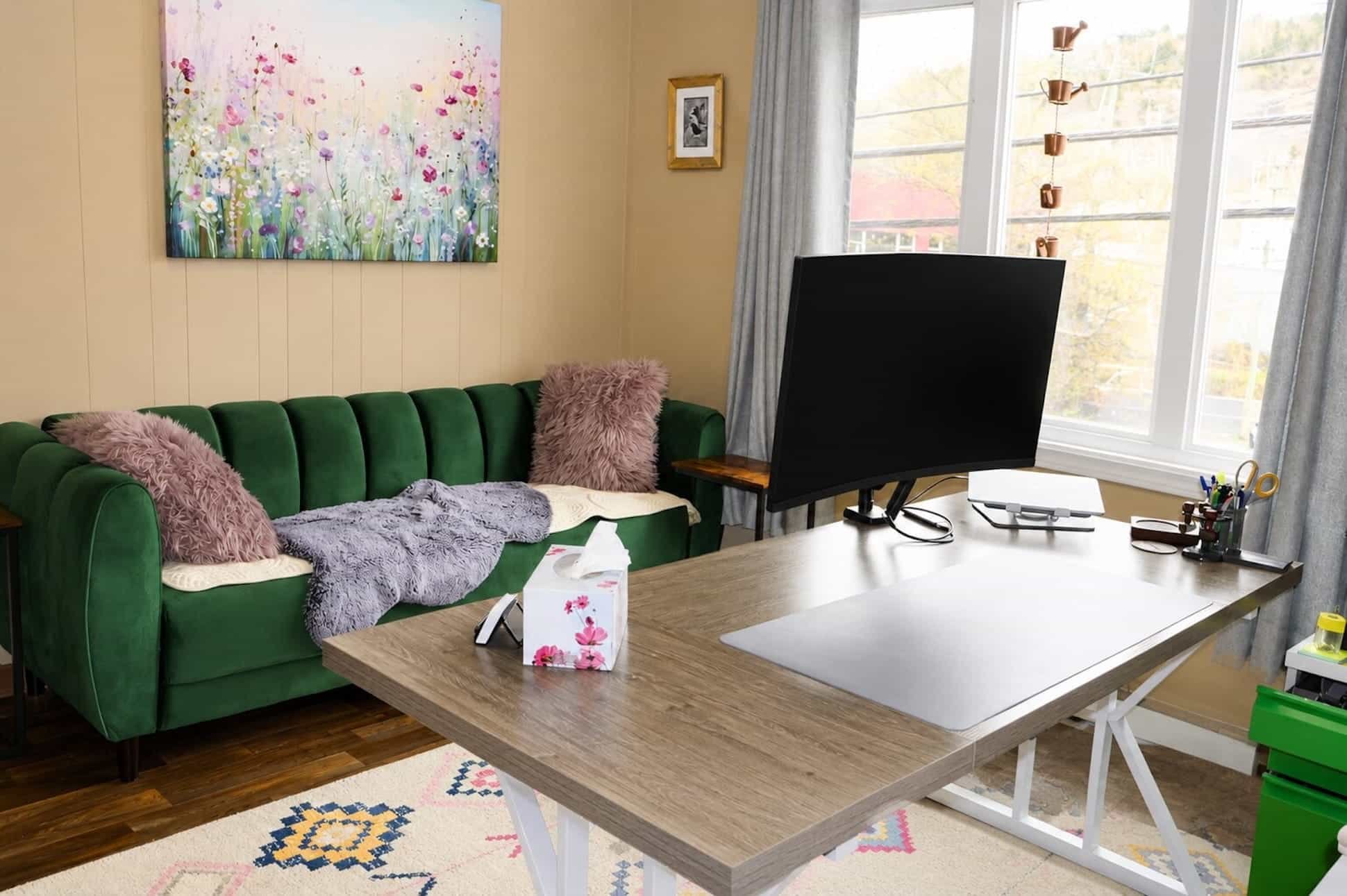 Living room with a green velvet couch, pink fluffy pillows, wall art depicting flowers, large windows with curtains, a TV on a stand, and a wooden table with a tissue box, work supplies, and a mouse pad.