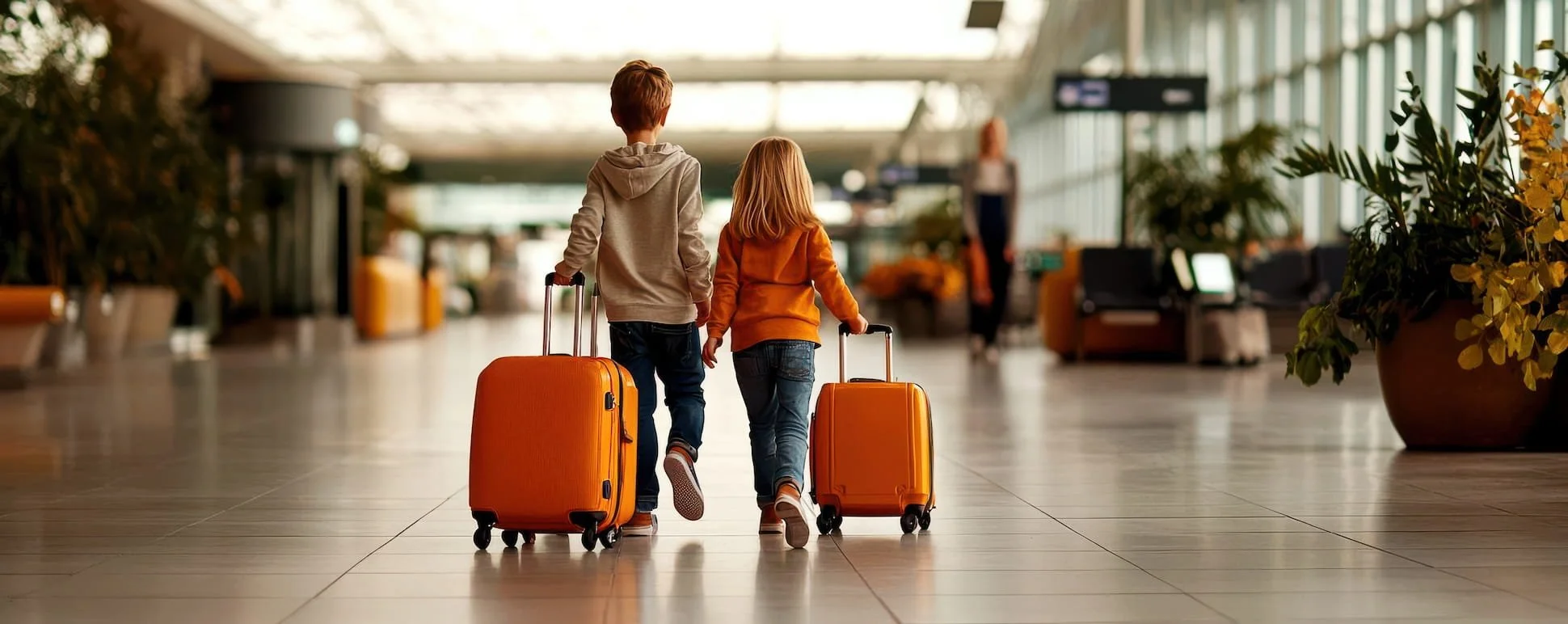 Two children, a boy and a girl, walking through an airport with orange checked luggage. The airport has large windows, plants, and seating areas.