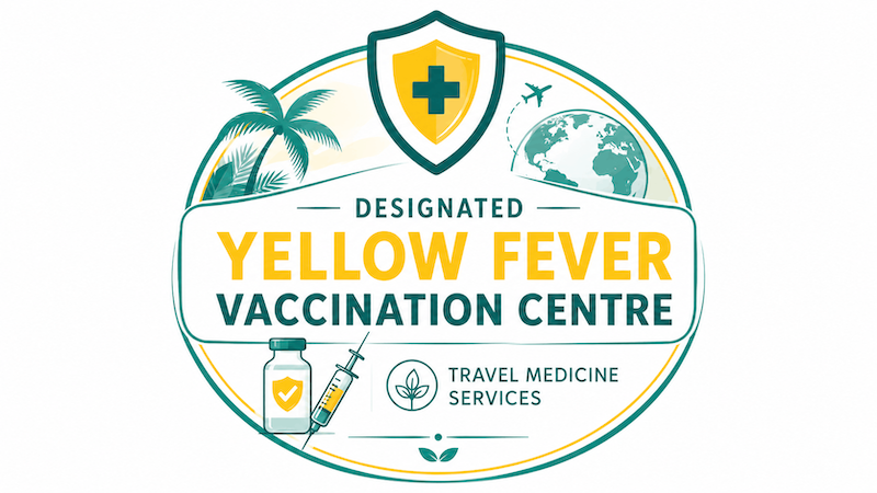 Logo for Yellow Fever Vaccination Centre with a shield, palm trees, the globe, syringe, and vaccine vial, indicating travel medicine services.