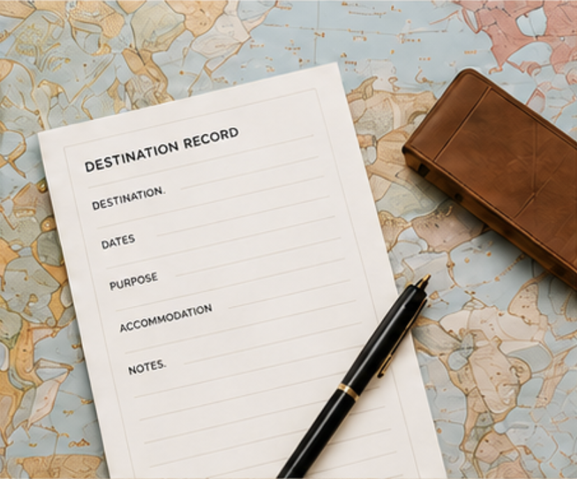 A travel diagnosis record sheet next to a pen and a brown leather wallet on a topographic map.