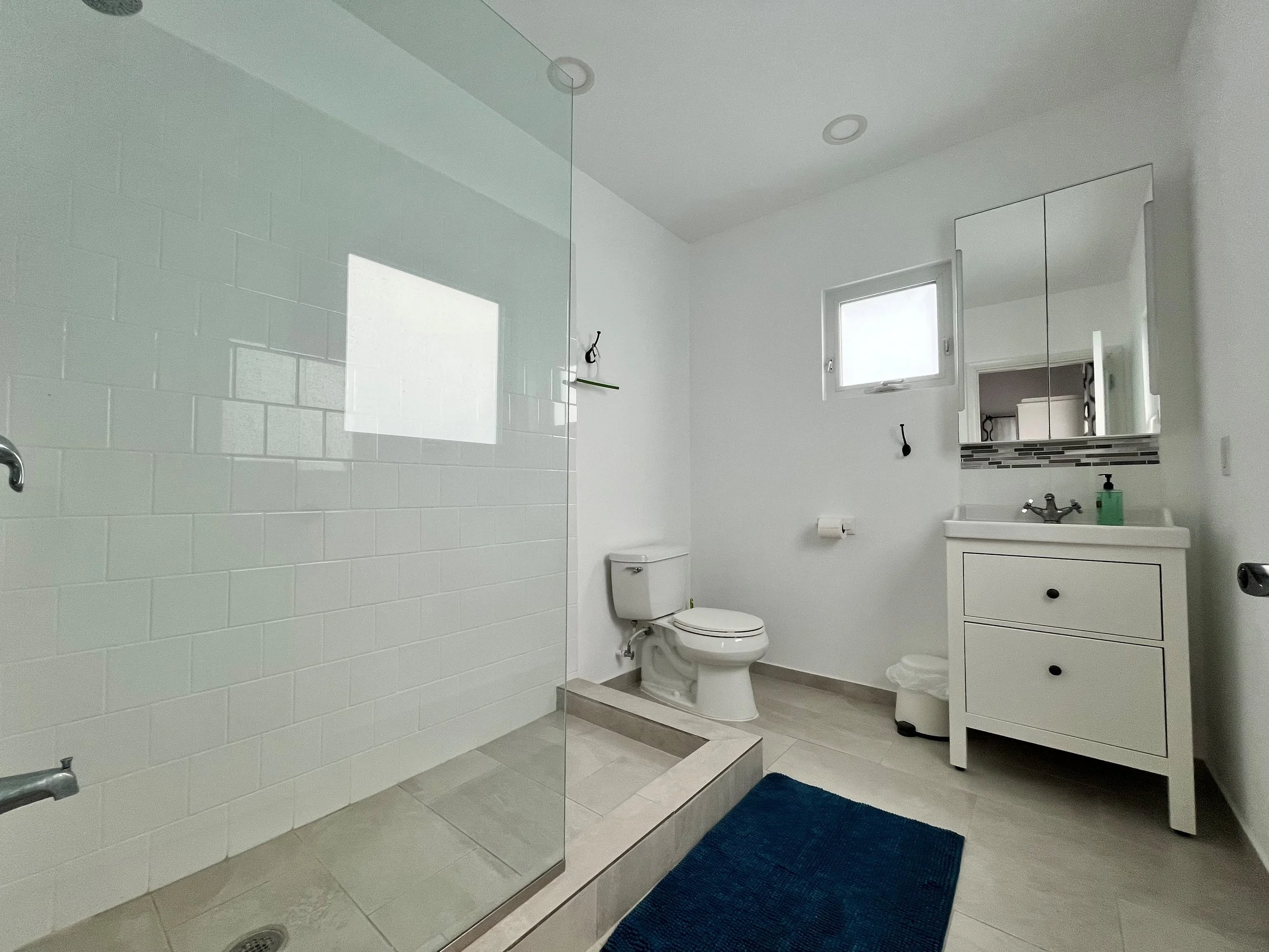 Modern bathroom with shower area, toilet, small white sink vanity with mirror, blue rug, and small window.