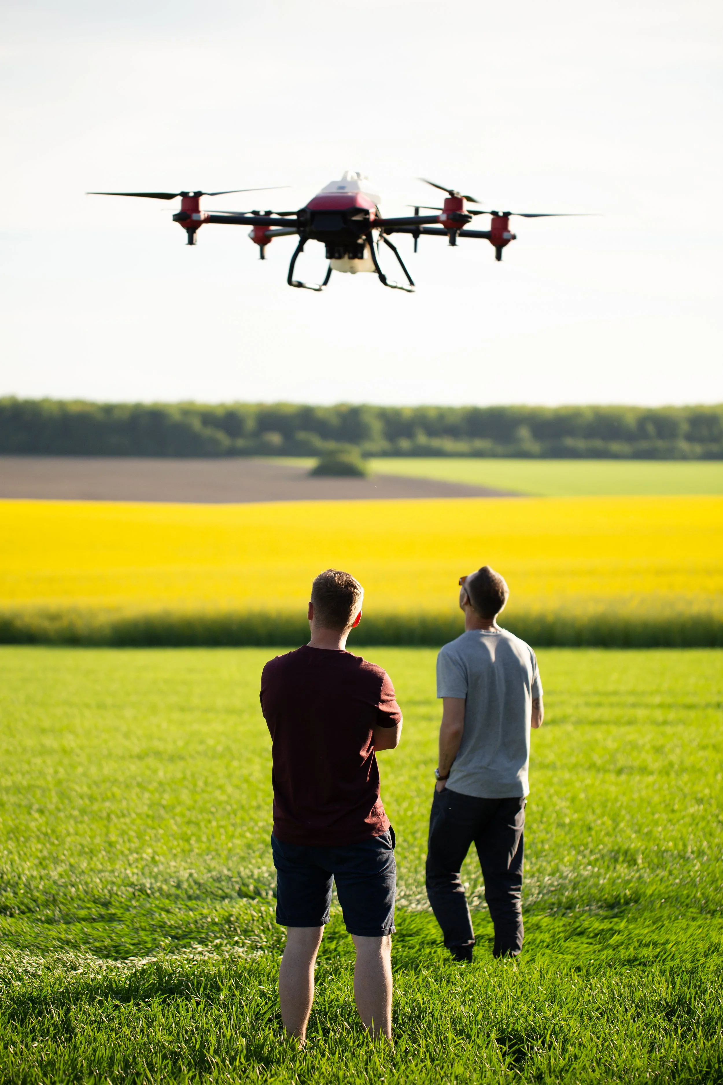 Two men stand in a field observing the drone that one of them is flying.