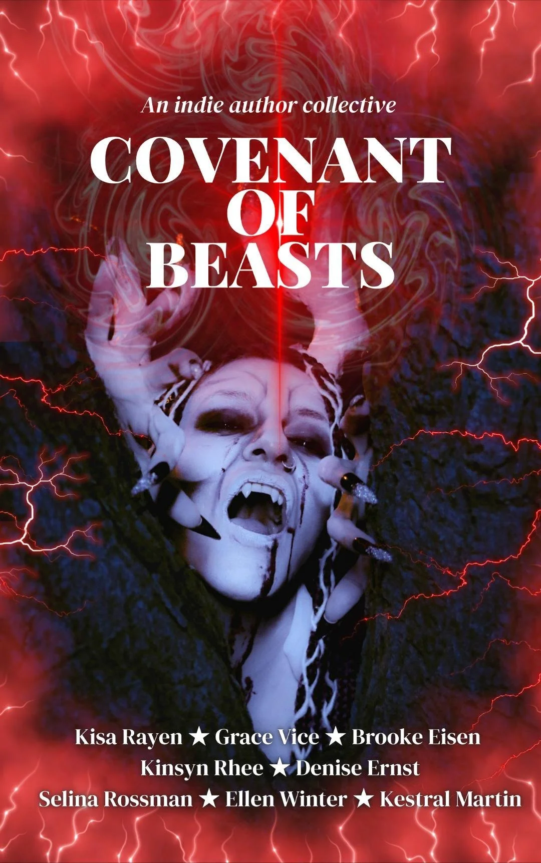 Book cover titled "Covenant of Beasts" with a dark fantasy theme, featuring a woman with a fierce expression, fangs, and face paint, surrounded by red lightning and swirling energy.