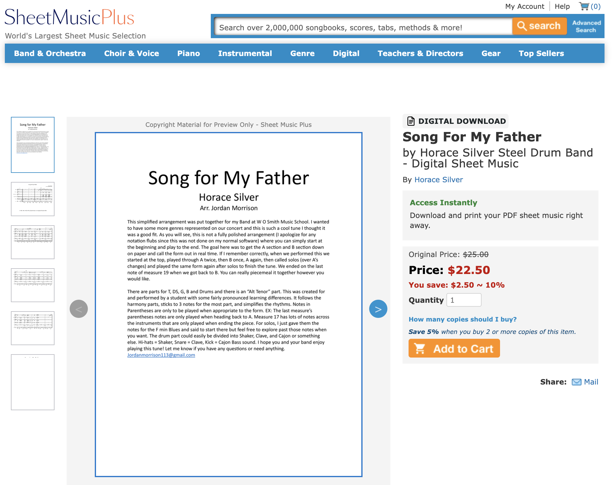 Online sheet music store webpage featuring digital sheet music for 'Song for My Father' by Horace Silver. The page shows a sample of the sheet music and details including price, director, and download options.