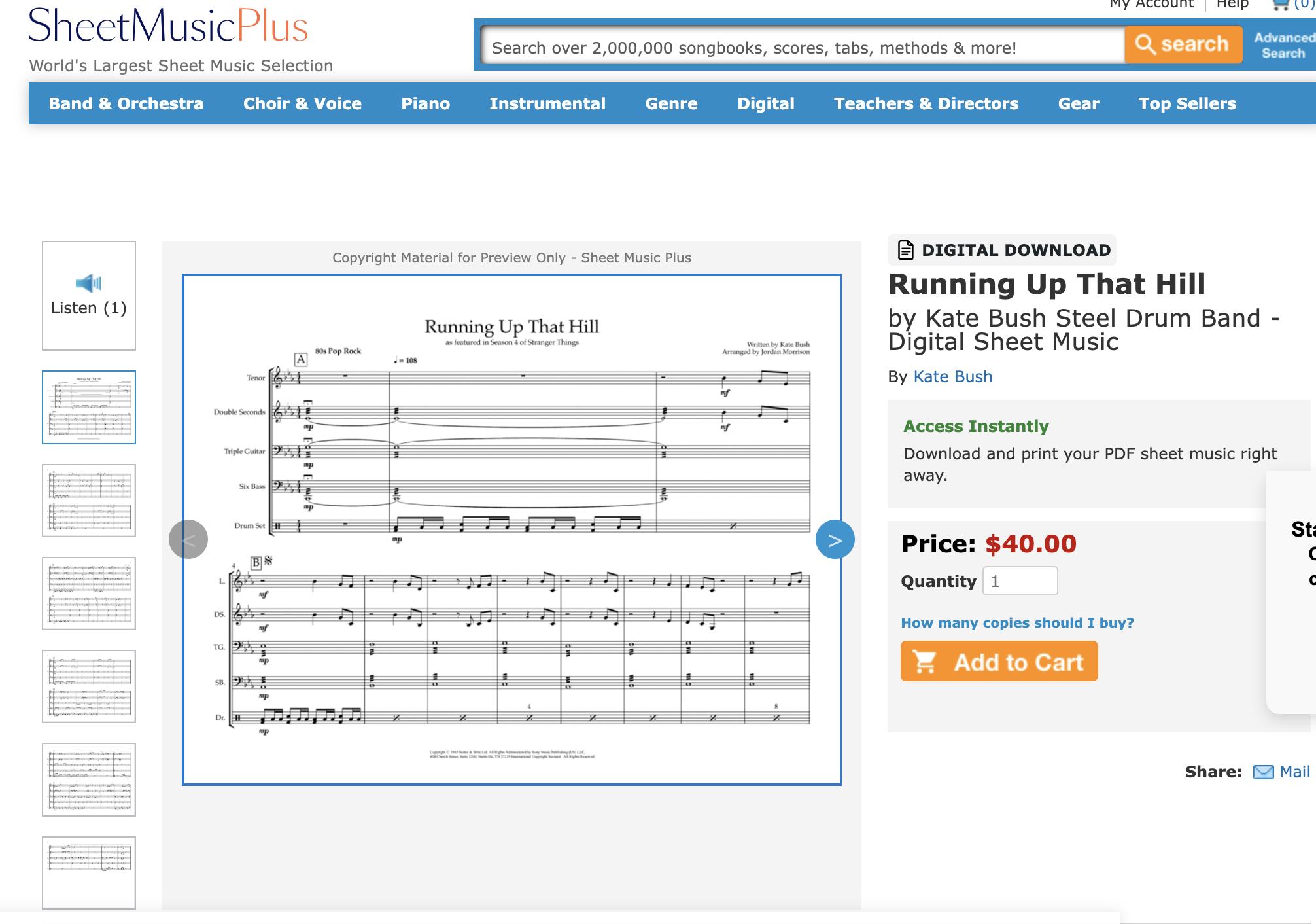 Screenshot of SheetMusicPlus website showing digital sheet music for 'Running Up That Hill' by Kate Bush, arranged for multiple instruments.