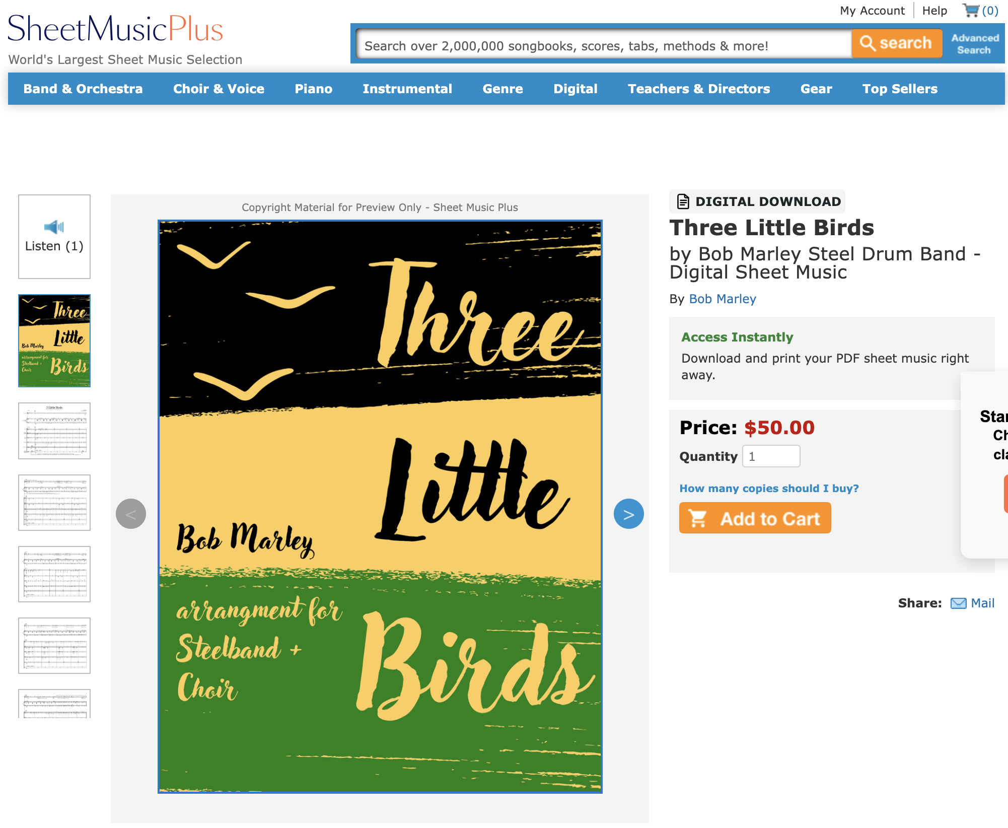 Cover of a sheet music book titled 'Three Little Birds' by Bob Marley, featuring a yellow and black background with stylized text and bird illustrations, for steelband and choir arrangements.