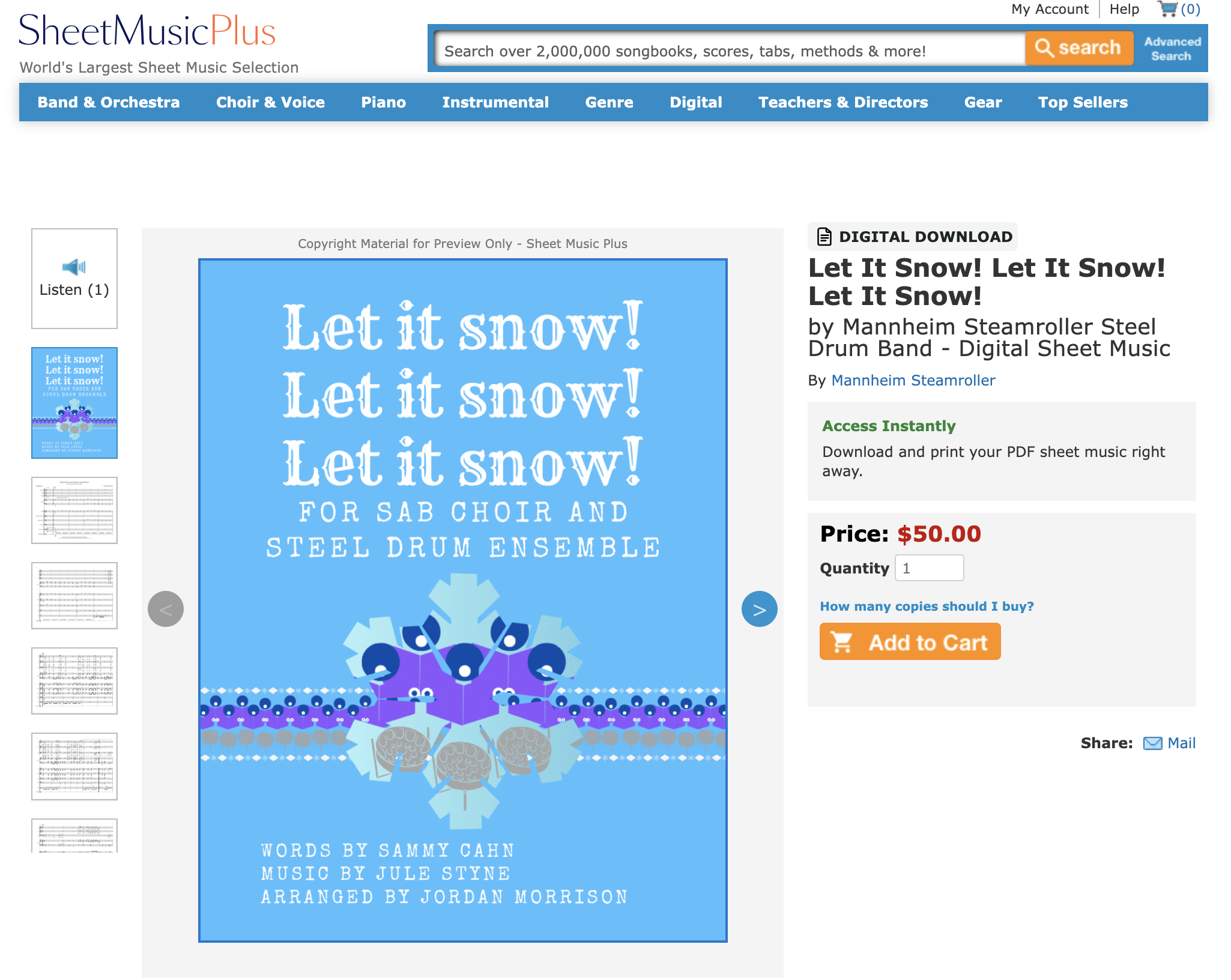 Cover page of a sheet music book titled "Let it Snow!" featuring a blue background with snowflakes and purple and blue drums. Text indicates it is for SAB choir and steel drum ensemble, with words by Sammy Cahn, music by Jule Styne, and arranged by Jordan Morrison.
