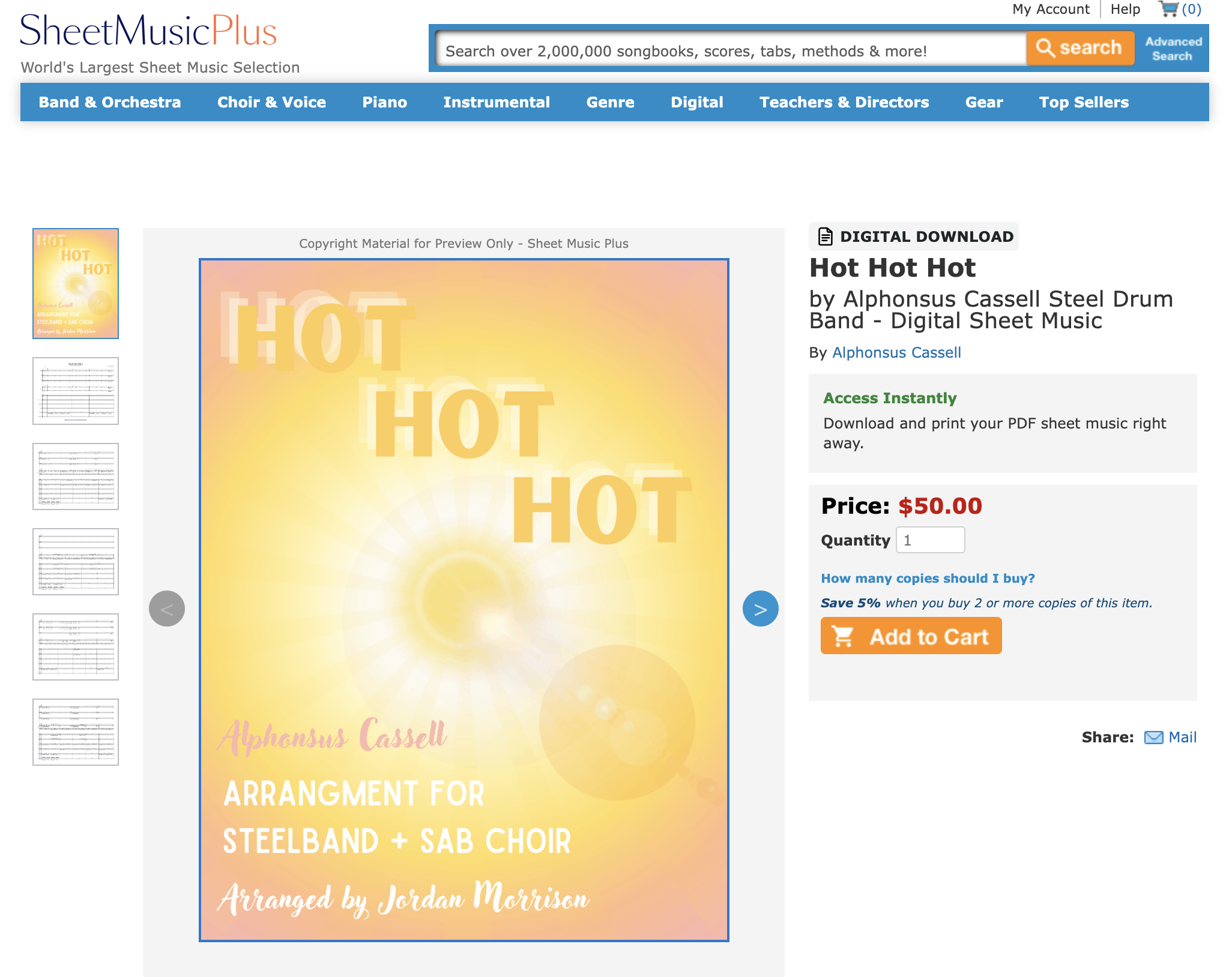 The image shows a sheet music book cover titled 'Hot Hot Hot' for steelband and SAB choir, arranged by Jordan Morrison, with a yellow-orange gradient background and the words 'HOT' repeated diagonally.