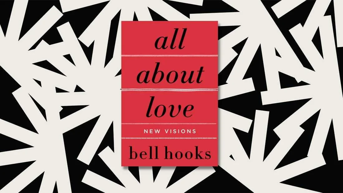 Book cover titled 'All About Love' by Bell Hooks, featuring a red background with black text, set against a black and white abstract patterned background.