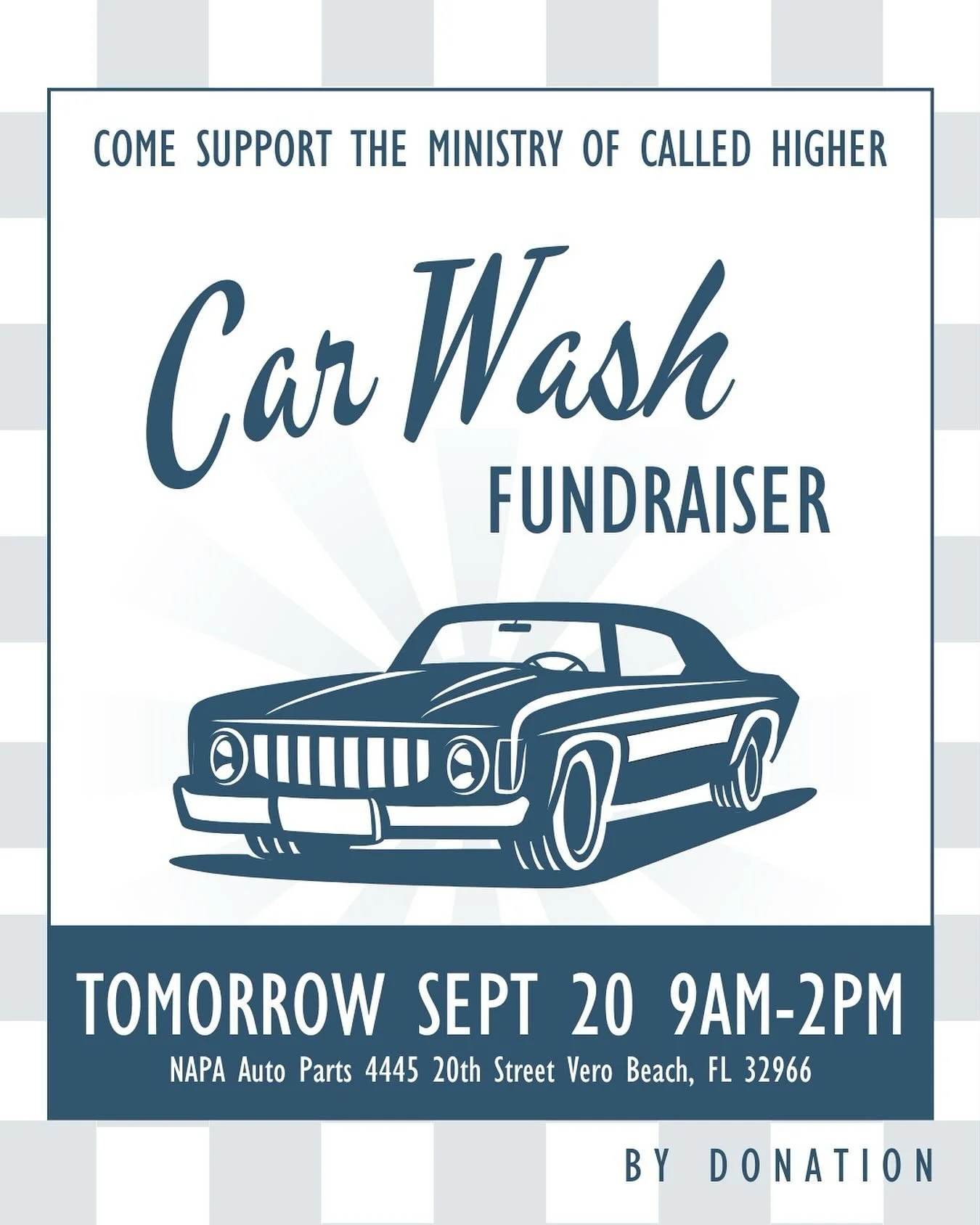 🚗💦 Car wash tomorrow!
📍 NAPA Auto Parts &ndash; 4445 20th Street, Vero Beach, FL 32966 🗓 Saturday, Sept. 20 ⏰ 9 AM &ndash; 2 PM
Come support Called Higher and get your car shining &mdash; we&rsquo;re so excited to see you there! ✨