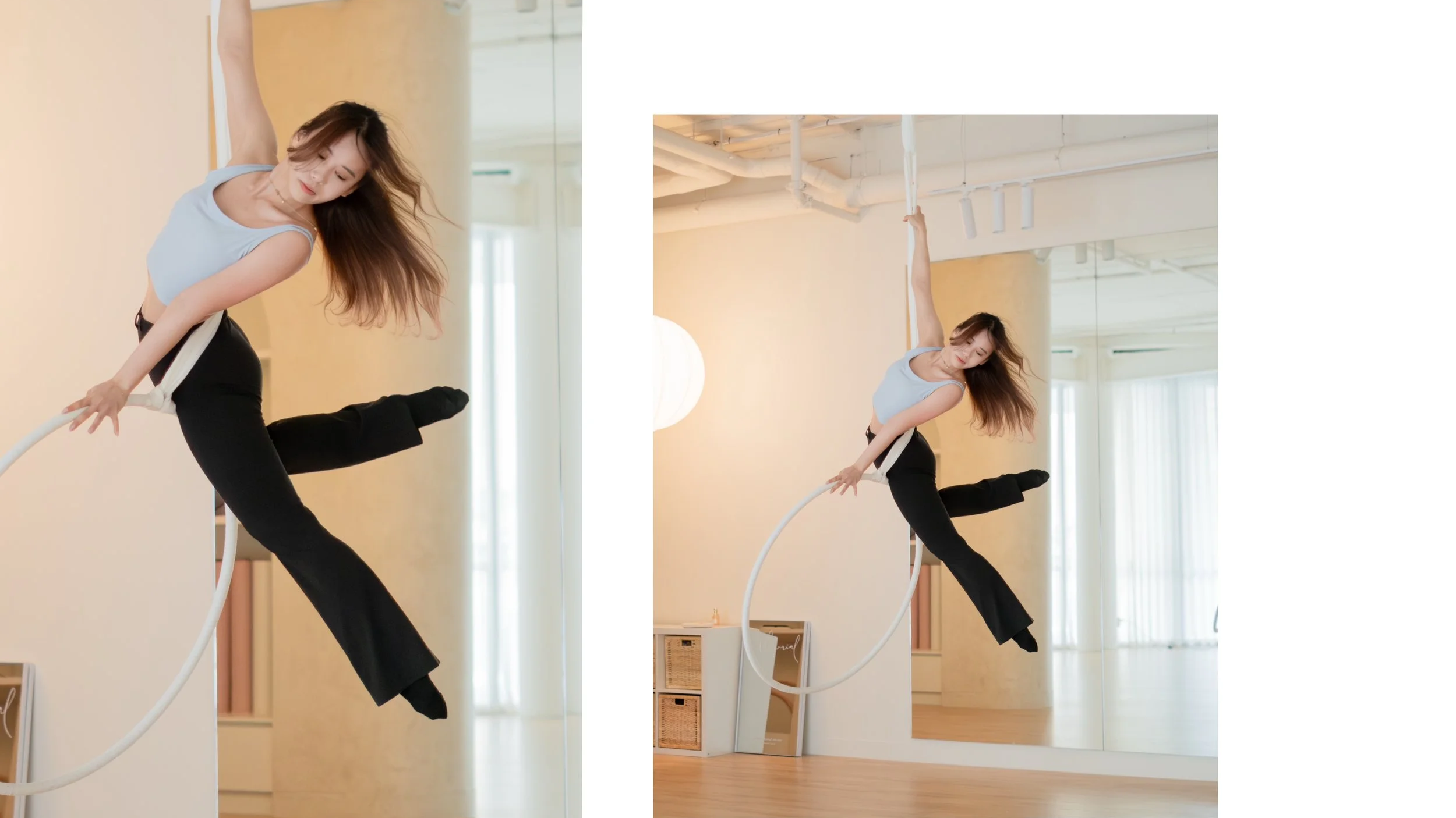 Aerial hoop setup in a bright and minimal studio in Melbourne CBD, designed for movement and creative flow.