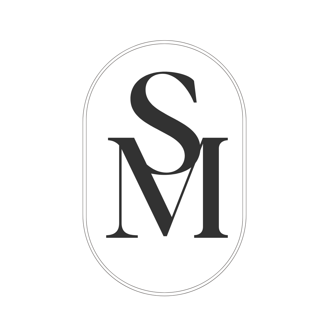 A logo with a black background featuring large gray overlapping letters 'S' and 'M' inside an outlined black oval.