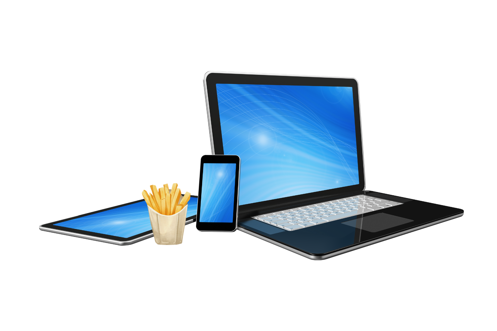 Multiple electronic devices including a laptop, tablet, smartphone, and a container of French fries.