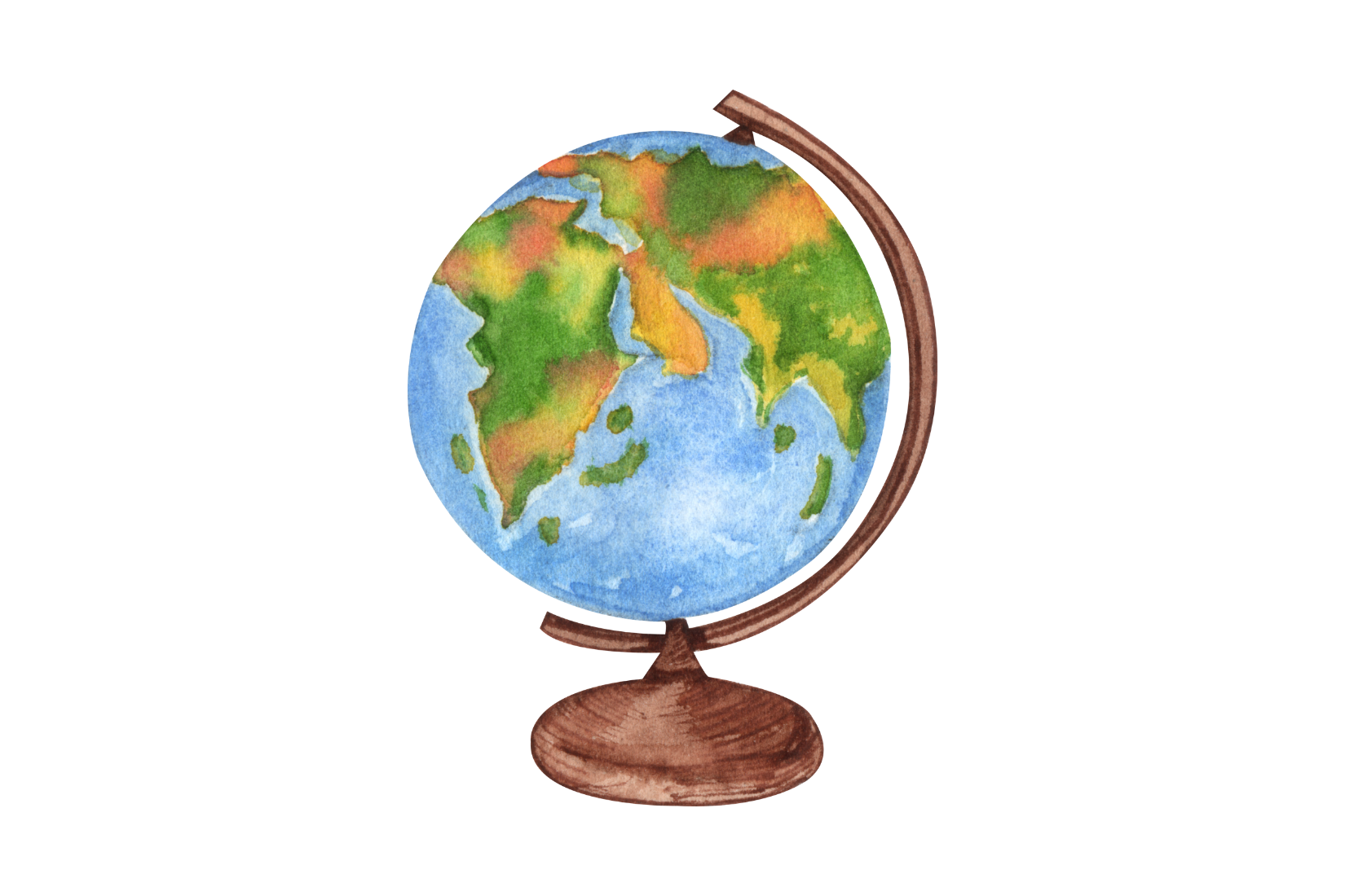 Colorful watercolor globe on a wooden stand.