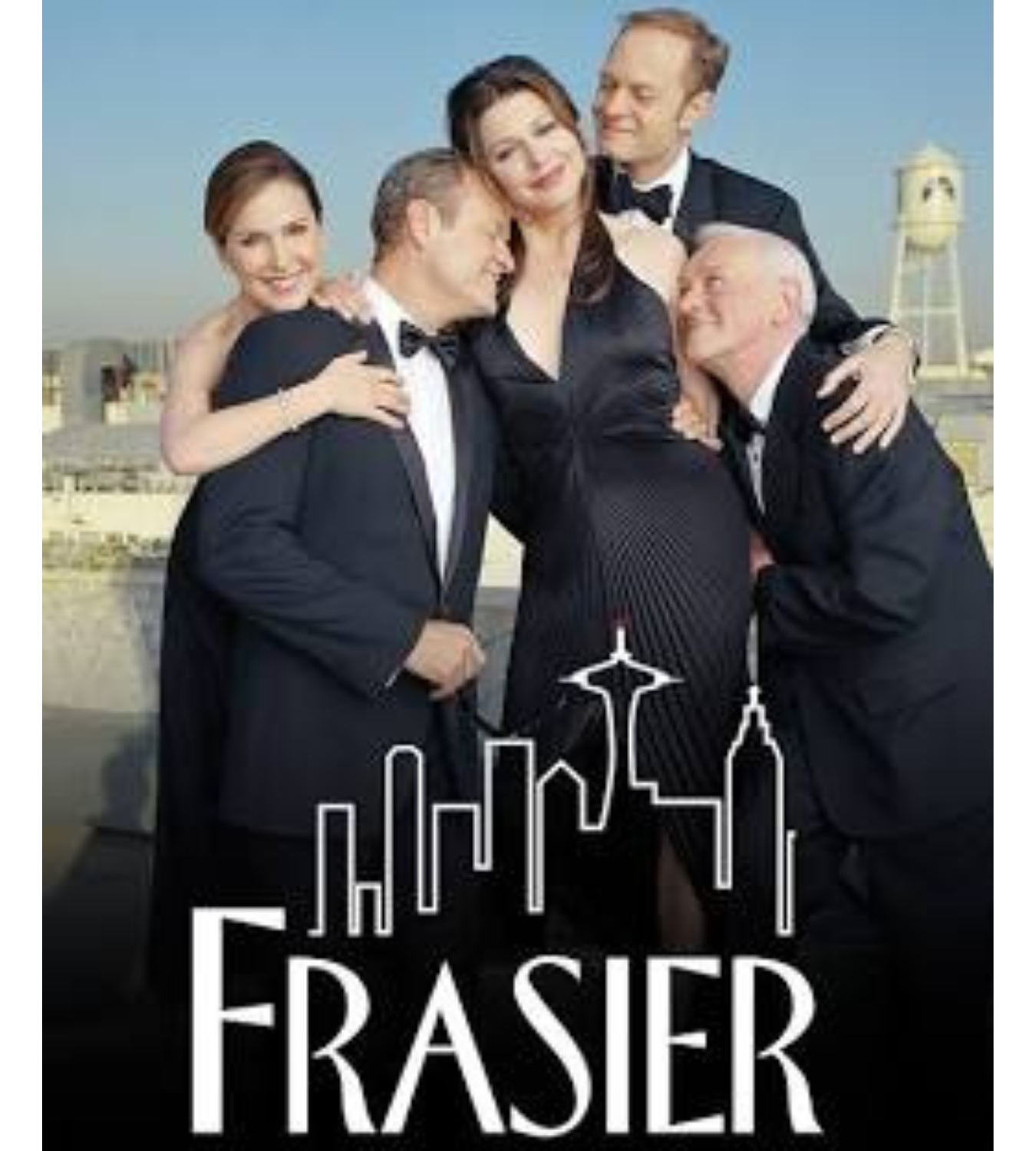 Group of six people dressed in formal tuxedos and dresses, embracing and smiling outdoors with a city skyline and a yellow tower in the background. The image has a white outline of a cityscape and the word 'FRASER' at the bottom.
