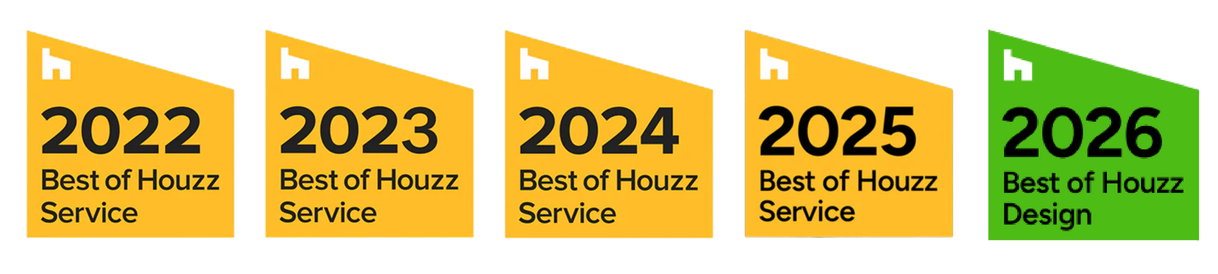 Five award badges from Houzz, each with a yellow background for years 2022 to 2025 and a green background for 2026, each indicating 'Best of Houzz Service' or 'Best of Houzz Design'.