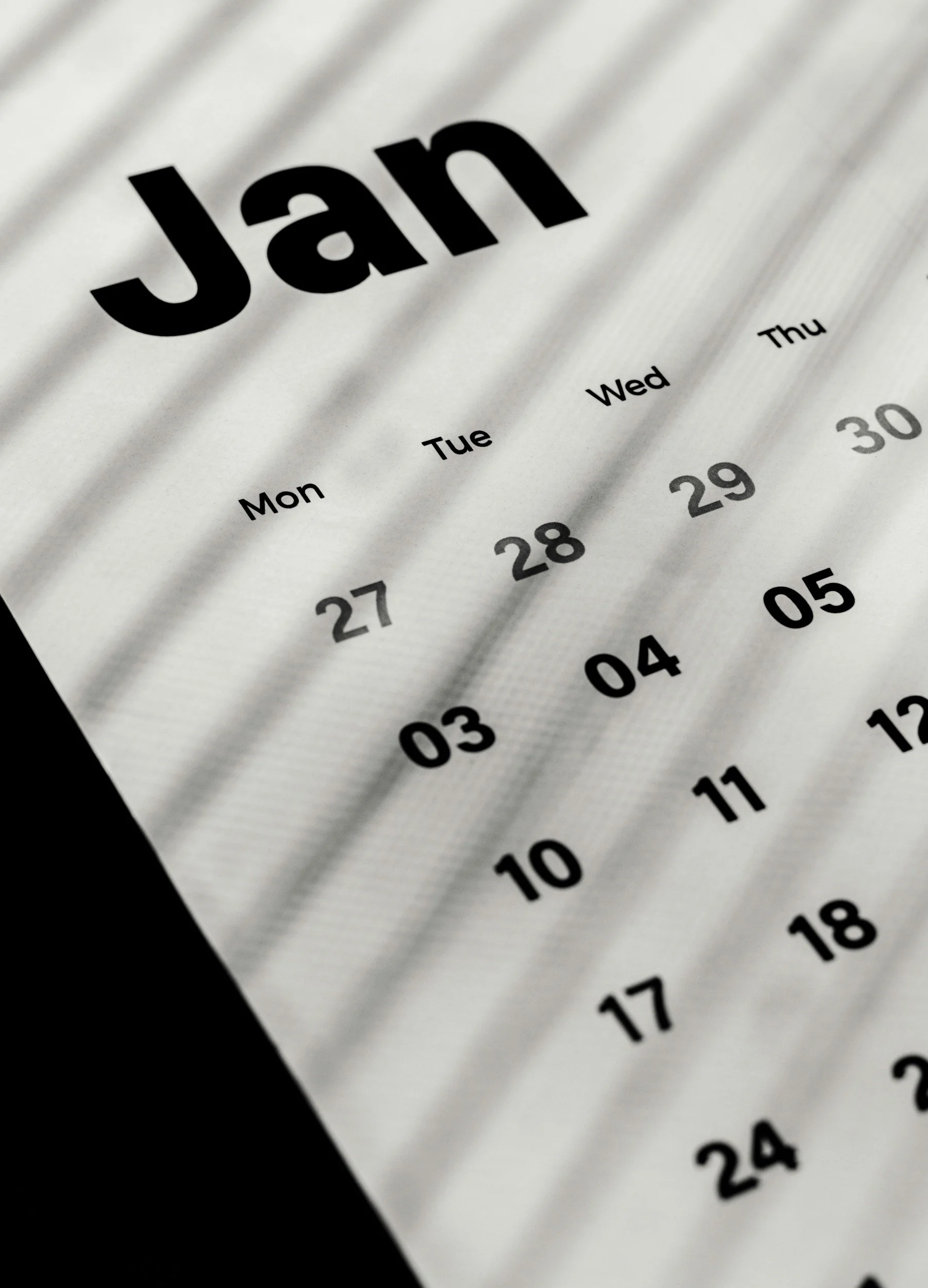 Close-up of a January calendar page showing the 27th to 31st with days labeled Mon through Thu.