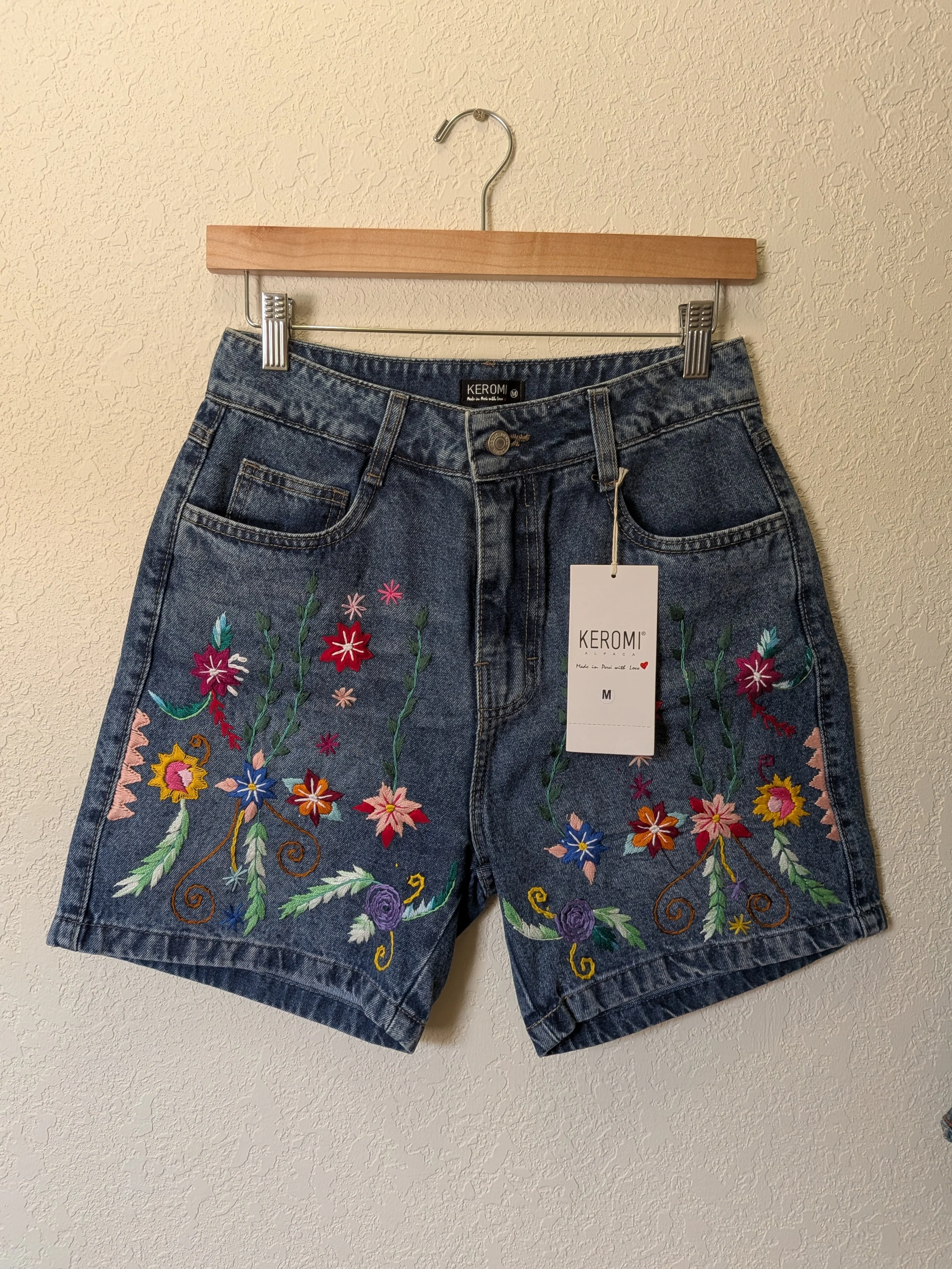 Hand-Embroidered Jean Shorts - Floral Design I (Medium)