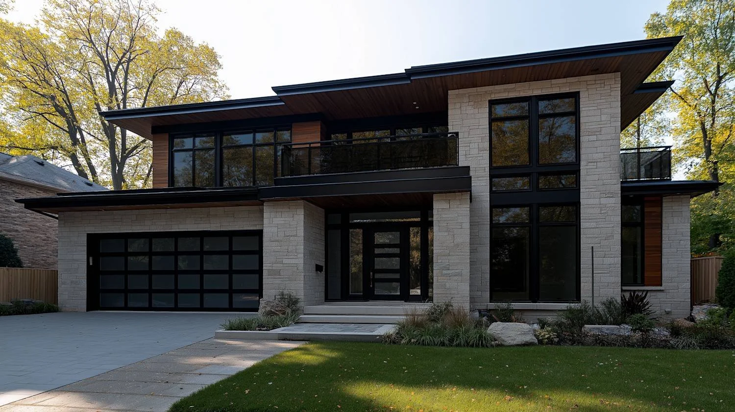 Modern two-story house with large tinted windows, stone exterior, and a flat roof, surrounded by trees and a landscaped yard.