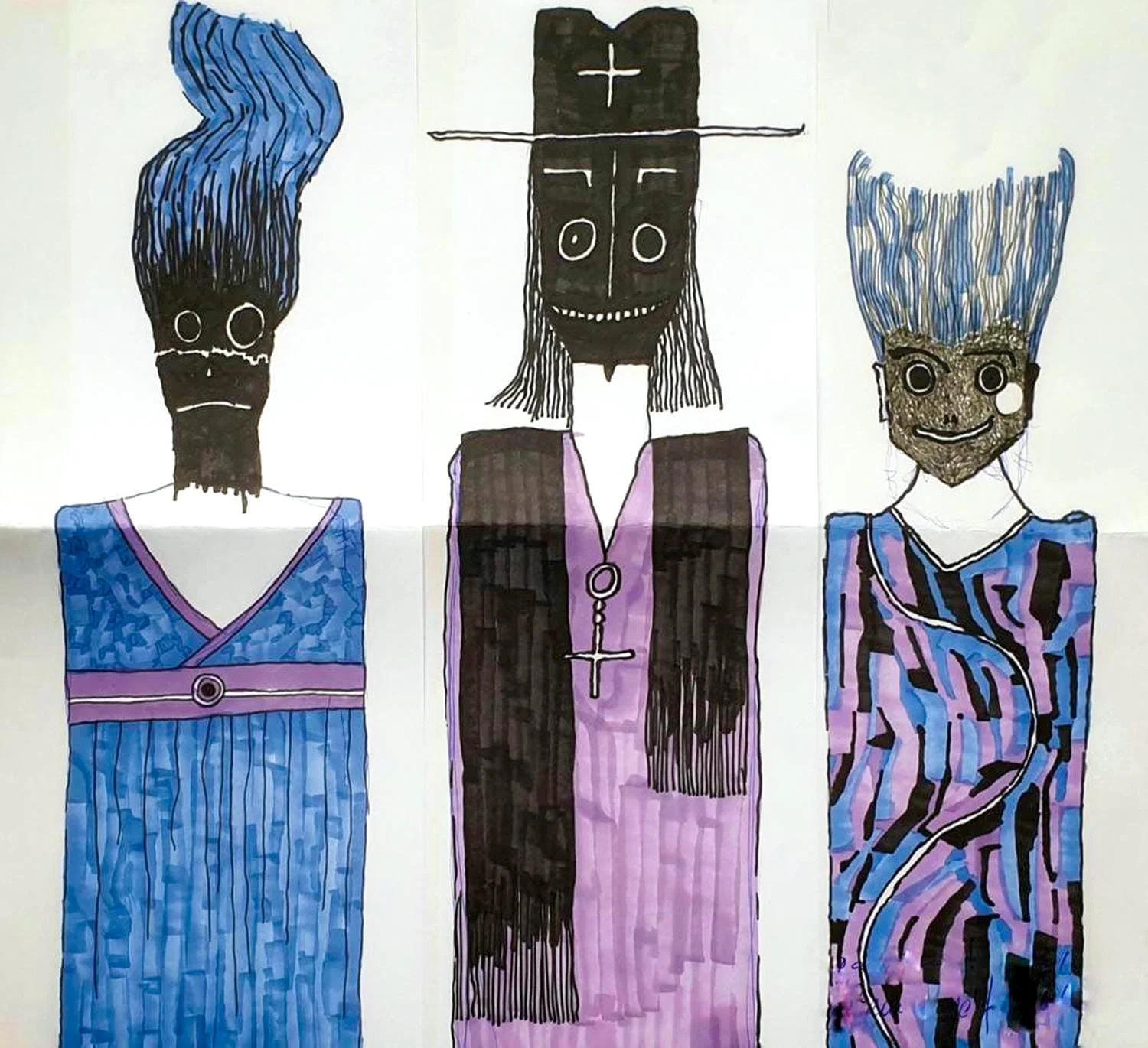 Colorful drawing of three stylized figures with exaggerated hair, dark faces, large eyes, and distinctive clothing, standing side by side.