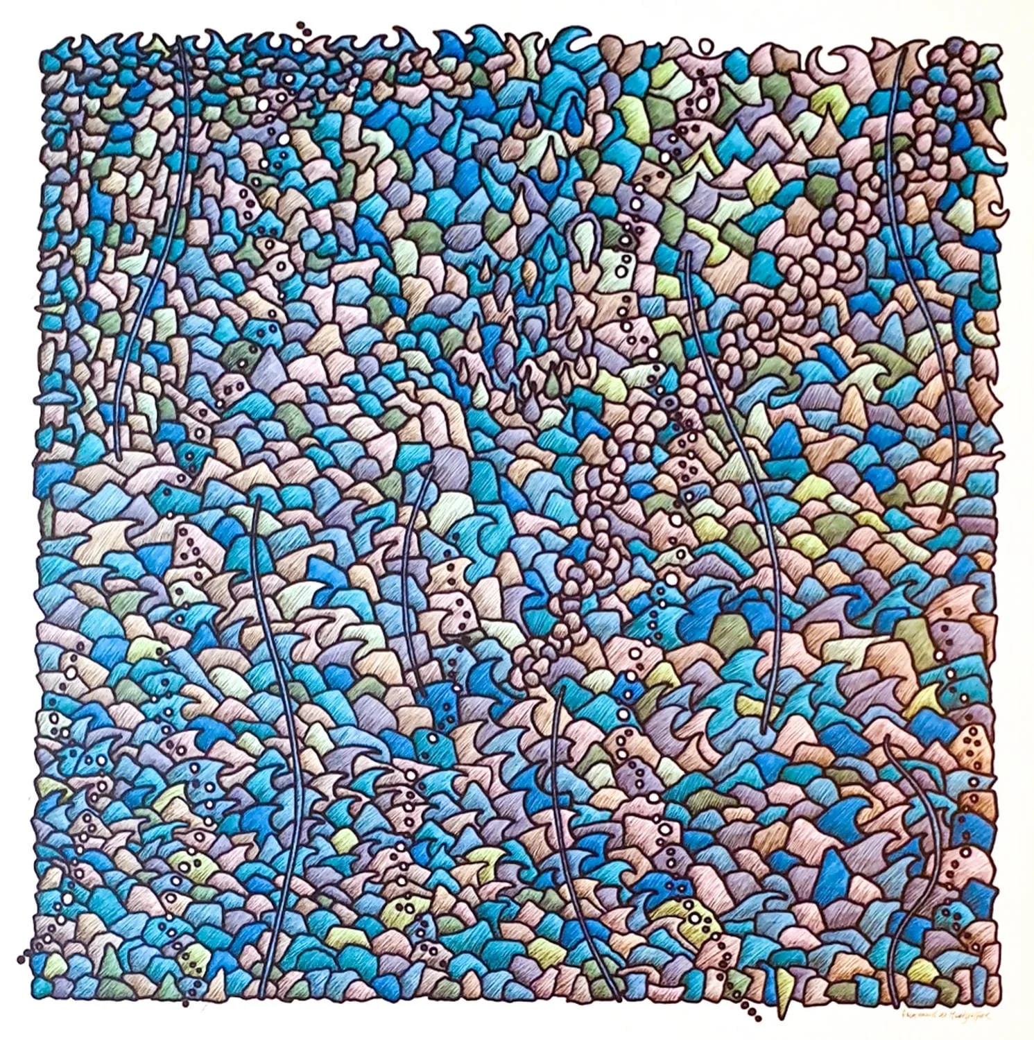 Abstract colorful artwork with small, rounded shapes in shades of blue, purple, green, and beige, and black lines creating flowing patterns.