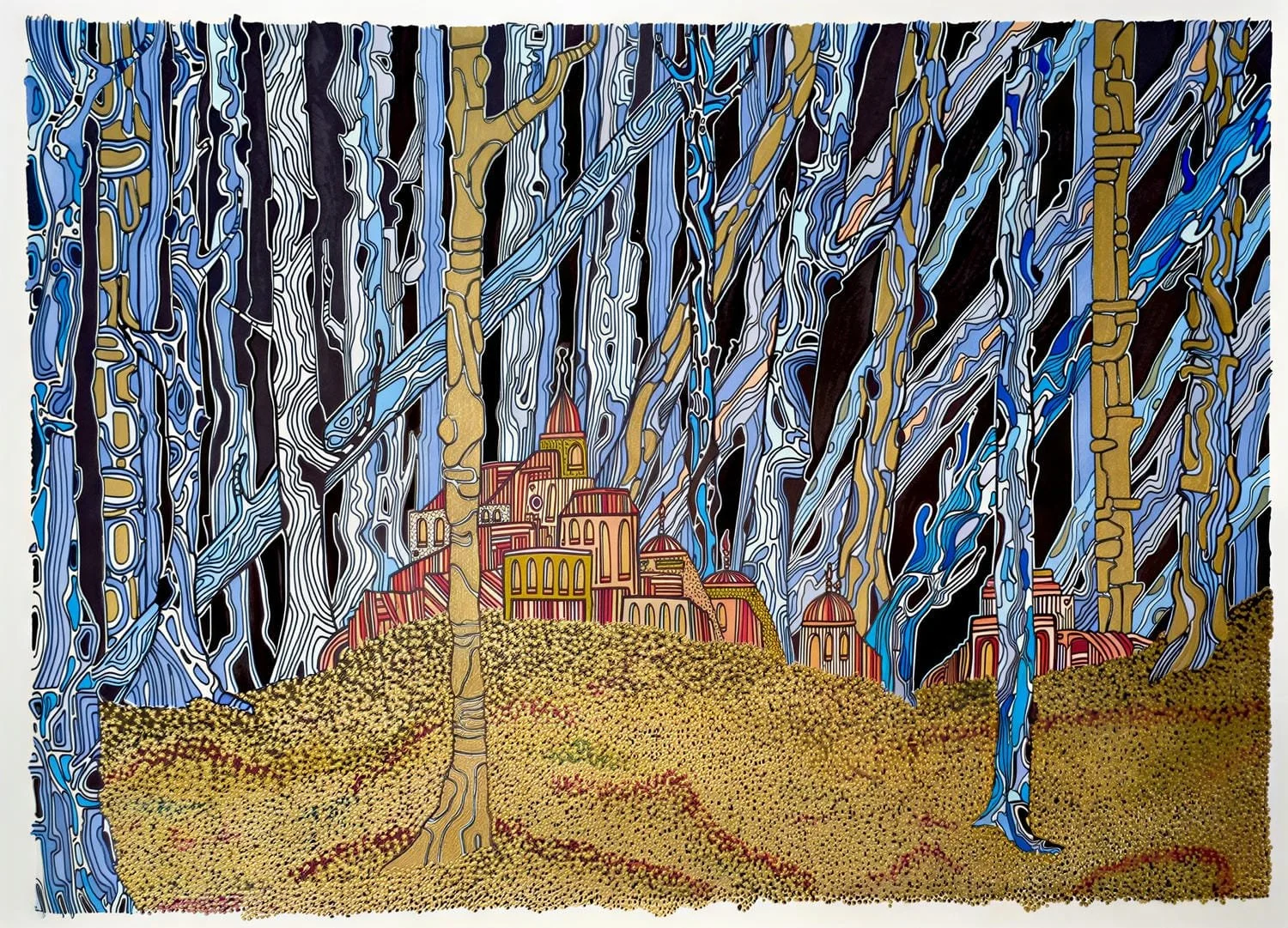 A colorful, abstract illustration of a castle with towers and domes, surrounded by a forest of tall, stylized trees with intricate patterns.