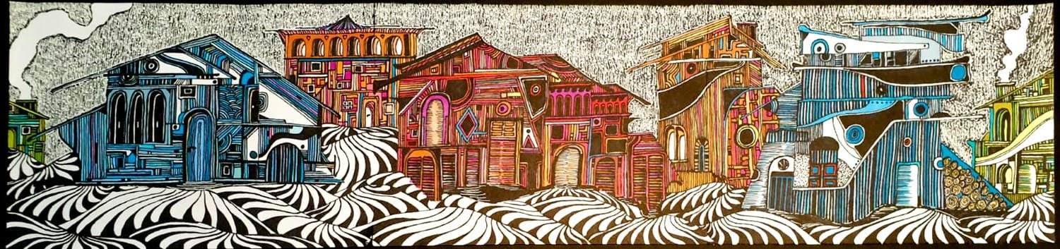 Colorful abstract mural of houses with intricate patterns and swirling black and white ground pattern.