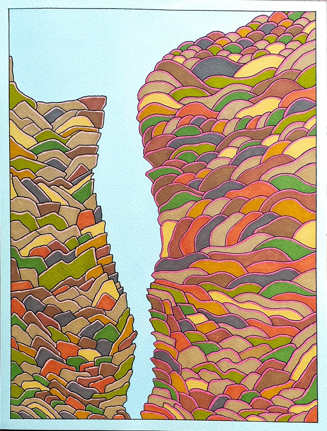 Colorful abstract artwork resembling a canyon or split rock formation with a clear blue sky in the background.
