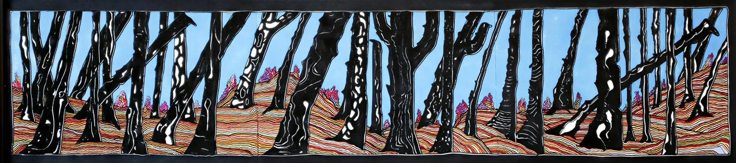 Contemporary painting of a forest scene with black tree trunks and colorful ground and hills, against a light blue sky.