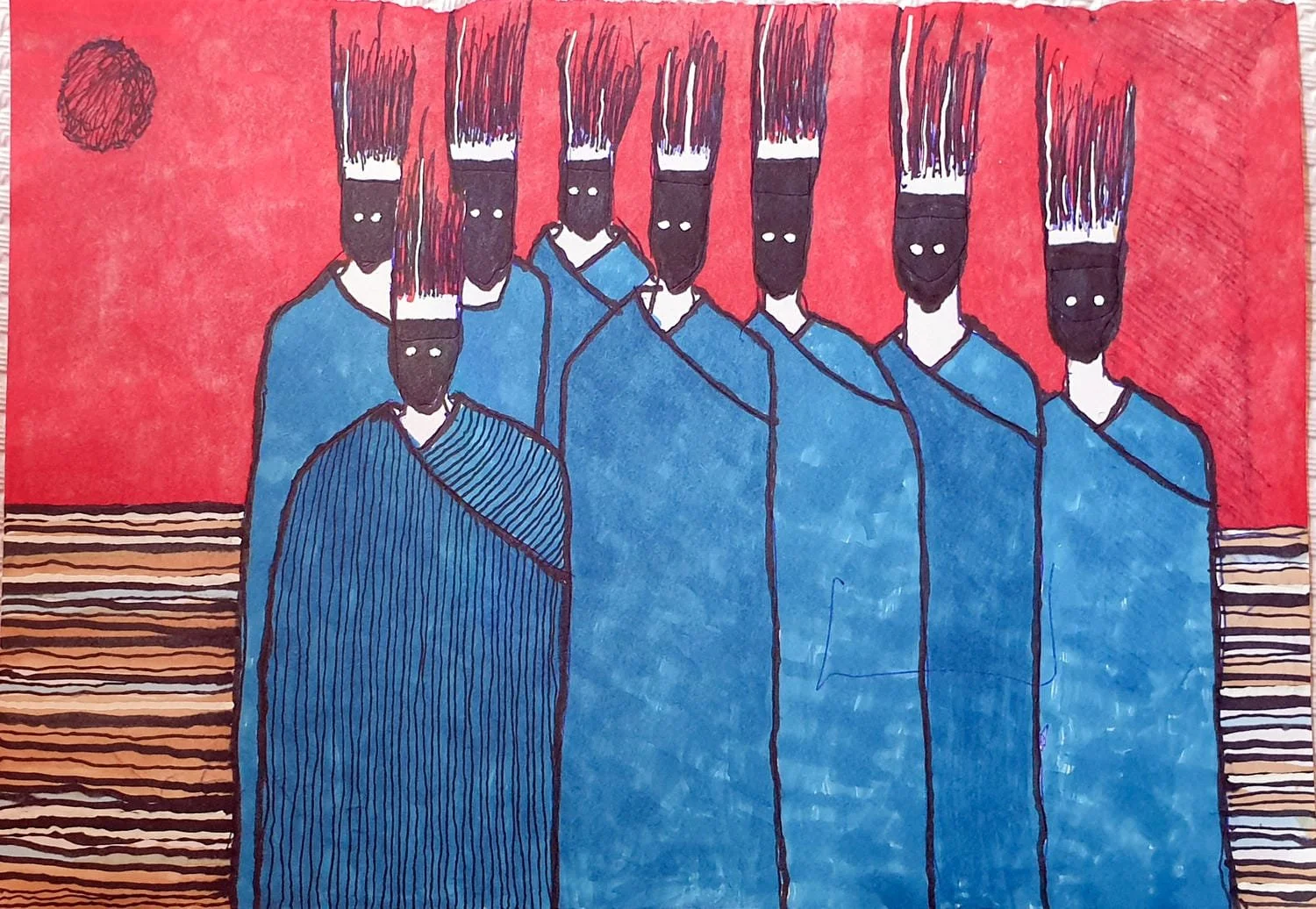 A colorful abstract painting of seven figures with black faces and white dots for eyes, dressed in blue robes, standing in front of a red background and striped patterns at the bottom sides.