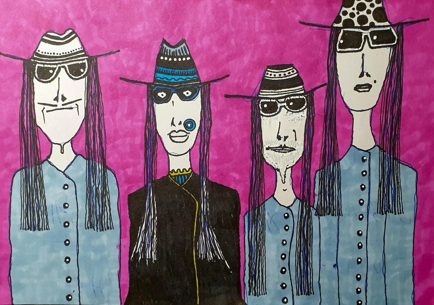 A colorful drawing of four people with long hair and hats, wearing sunglasses, against a pink background.