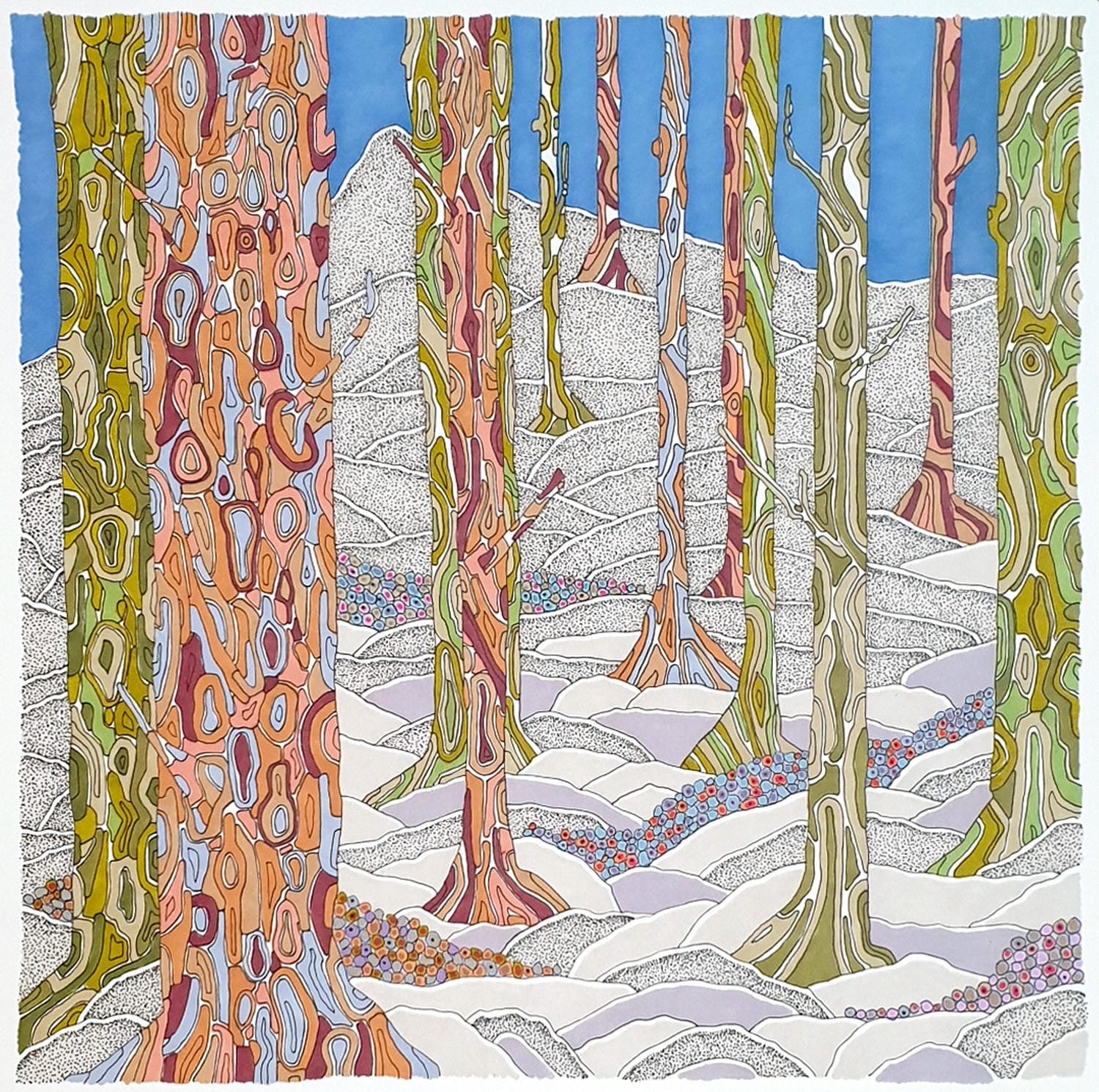 Abstract painting of a forest scene with tall trees, snow-covered ground, and blue sky, depicted in colorful, stylized shapes and patterns.