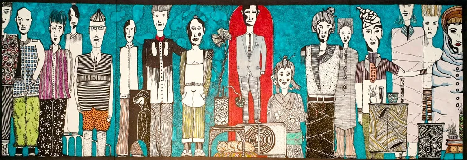 Colorful mural depicting a diverse group of adults with unique clothing styles, some standing, others seated, surrounded by plants and decorative objects, with a vibrant blue background.