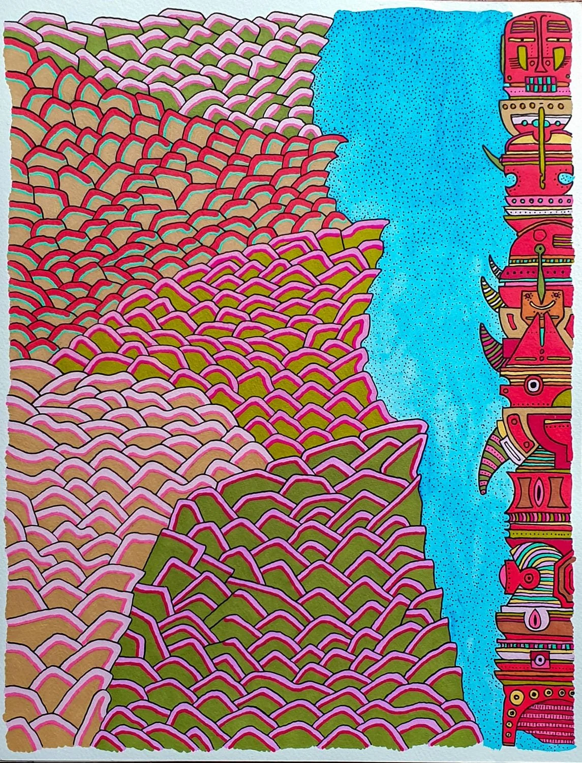 Vivid abstract painting of a mountain landscape with colorful, layered mountain peaks on the left and a bright blue river running through the middle. The right side features a tall totem pole with stylized faces and geometric patterns in red, pink, y