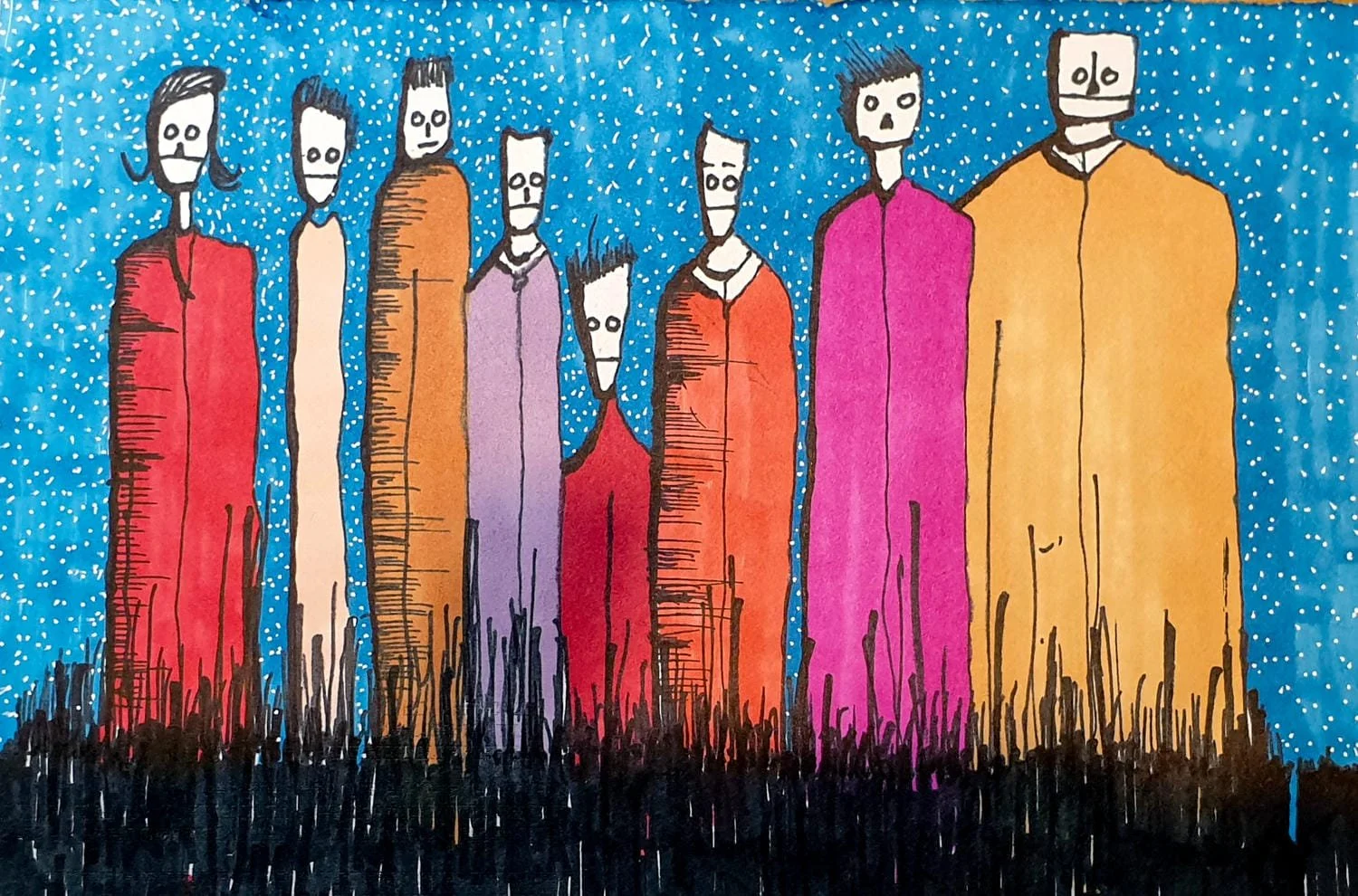 Colorful illustration of seven abstract human figures with skeleton faces standing against a starry blue background and black ground.