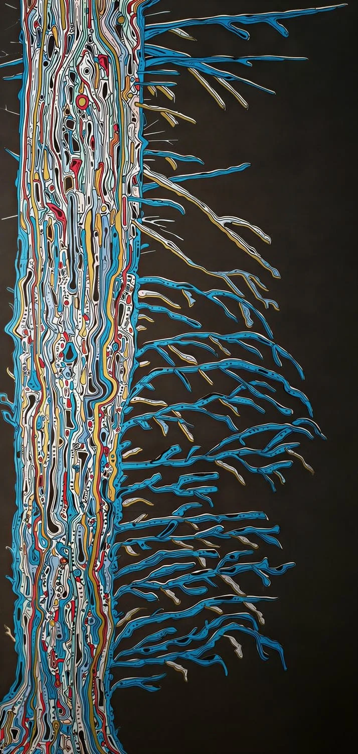 Abstract painting of a tree trunk and branches with a black background, using colorful, intricate lines.