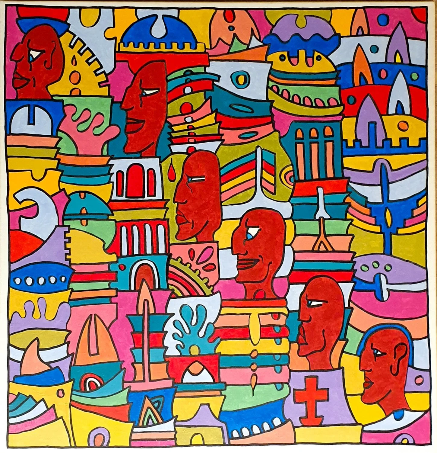 Colorful abstract artwork featuring multiple stylized red human faces with various architectural and geometric shapes around them, including domes, towers, and crosses, in vibrant colors.