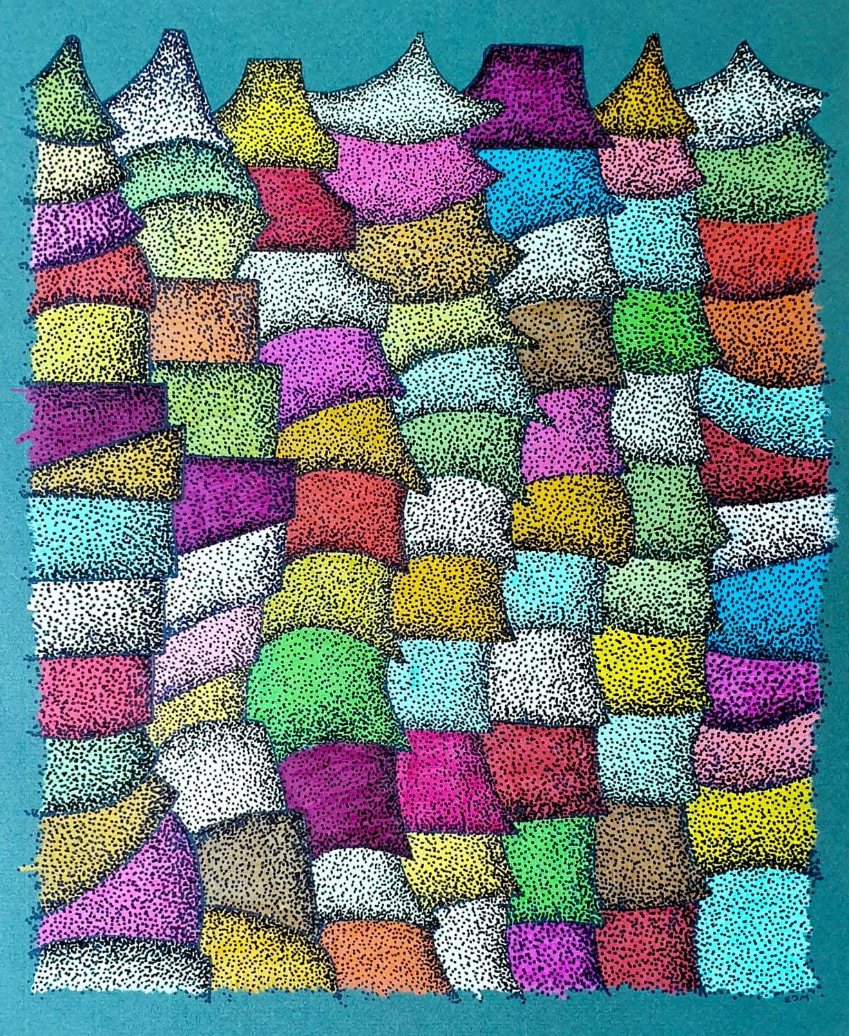 Colorful abstract drawing of overlapping, irregularly shaped pillows arranged on a surface.