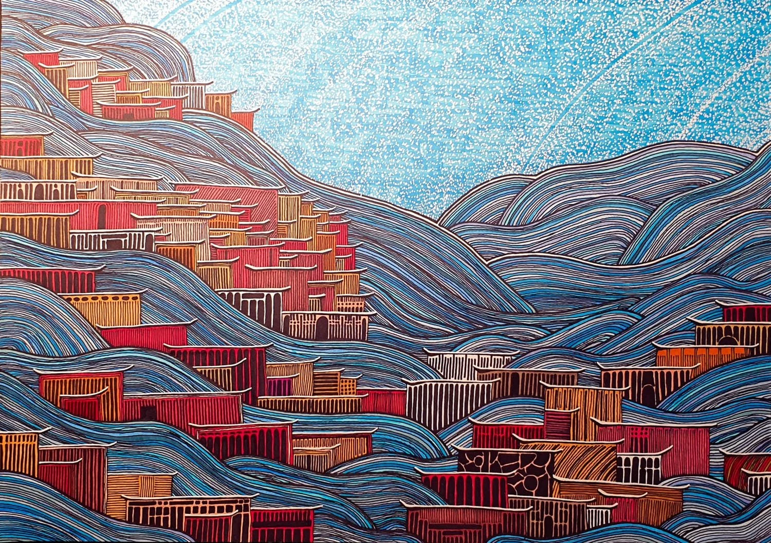 Abstract illustration of a hillside town with colorful buildings in red, orange, and brown, surrounded by blue rolling hills under a cloudy sky.