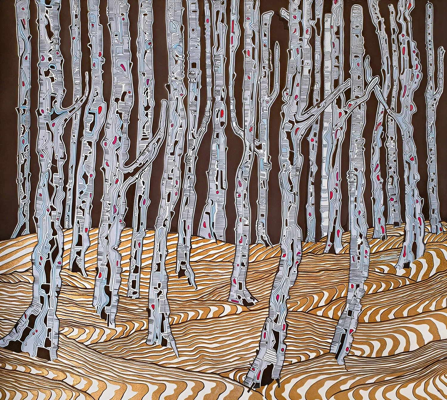 Stylized painting of birch trees with black and white bark, red accents, and brown and gold striped ground.