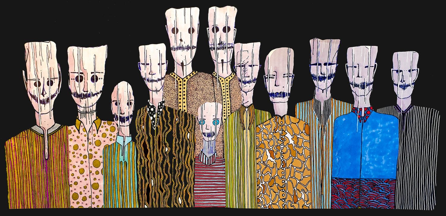 Illustration of eleven figures with skull-like faces and tall heads, wearing colorful patterned shirts, standing against a black background.