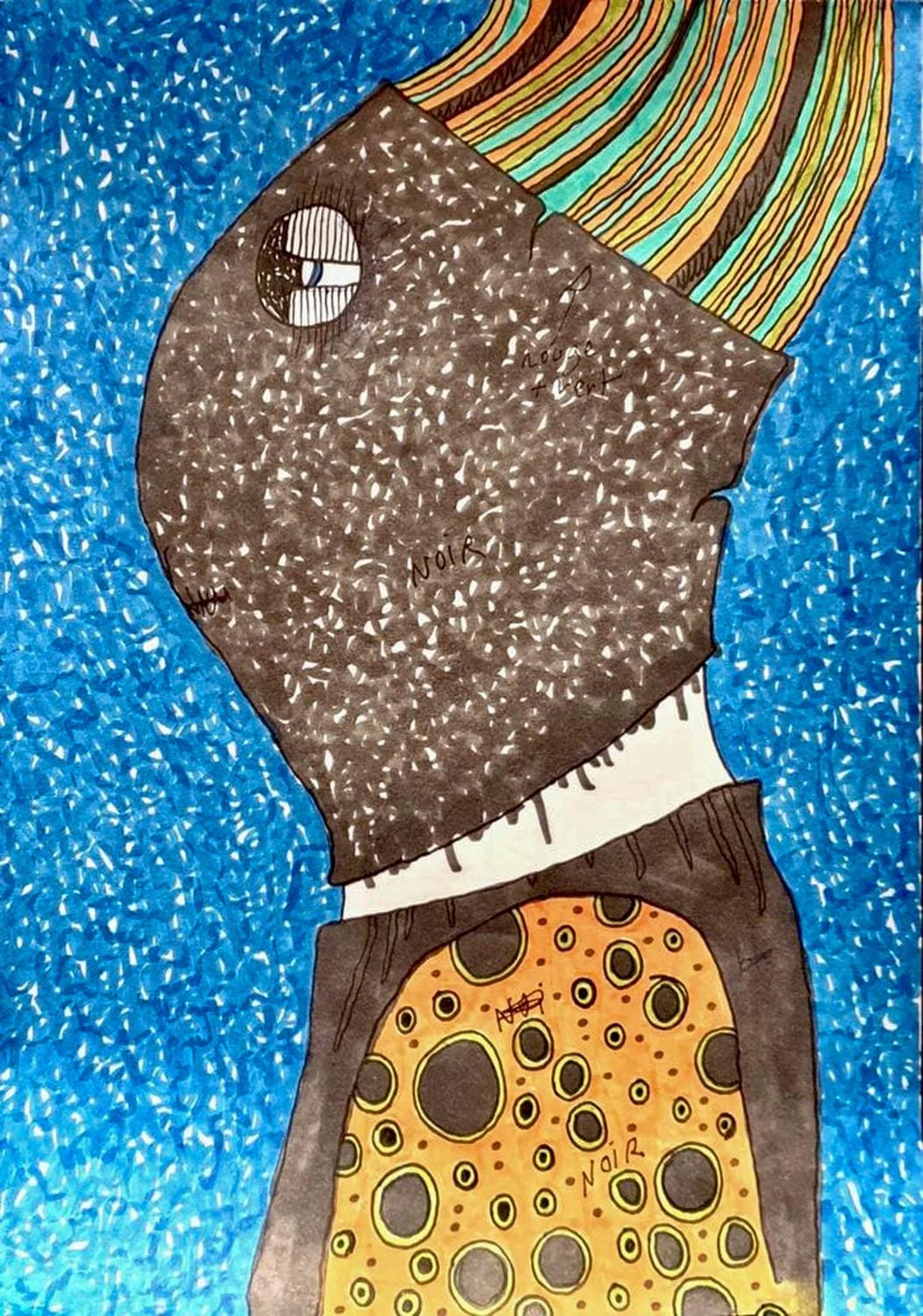 A colorful abstract drawing of a figure with a large black head, an eye, and a brown area with the words 'Noir' and 'Loue' written on it, a yellow and orange patterned section with circles, and a background of blue with textured white markings.