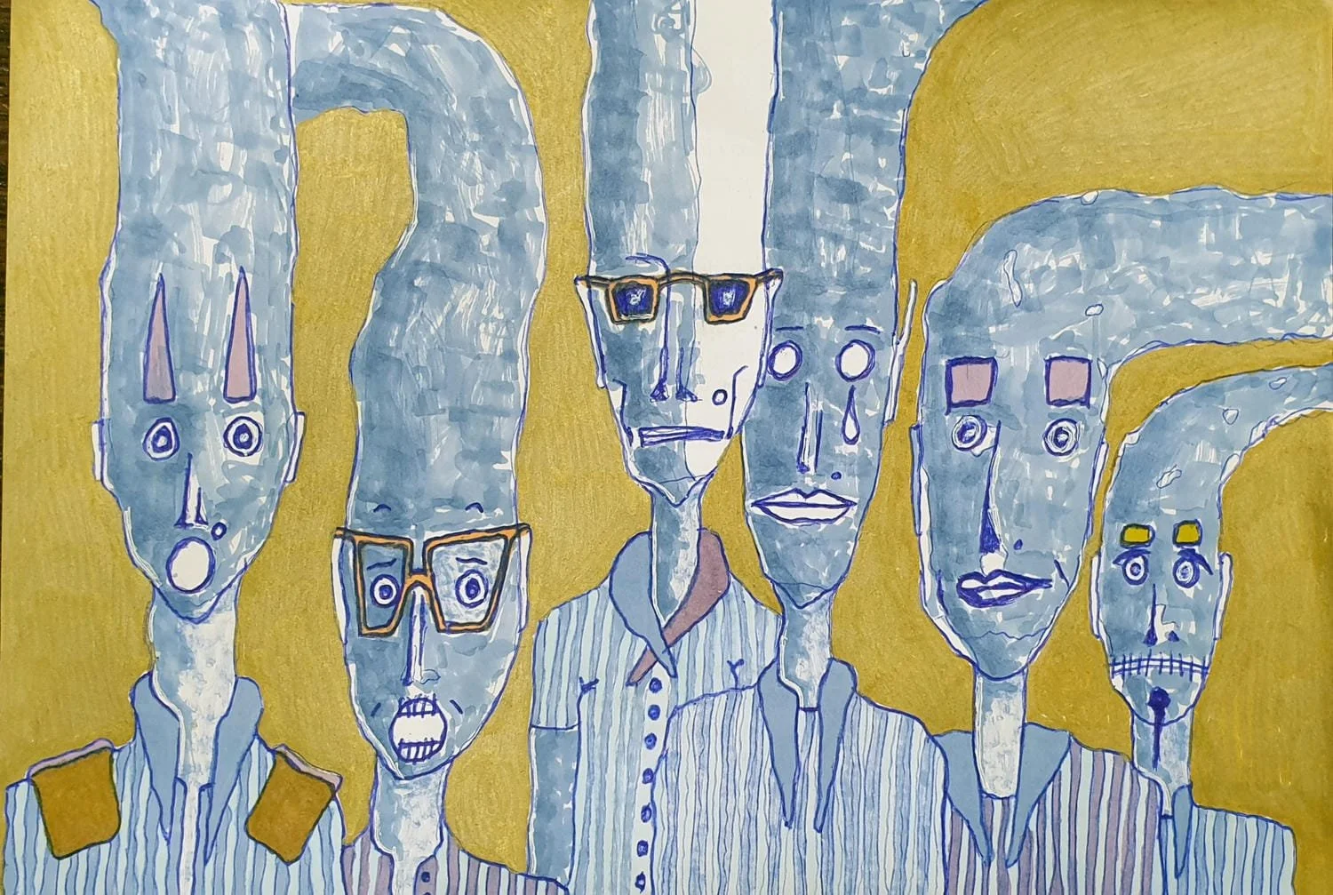 Abstract illustration of six elongated human figures with exaggerated facial features, drawn in blue and outlined in dark blue, set against a gold background. The figures have various hairstyles, glasses, and clothing styles, conveying different expr
