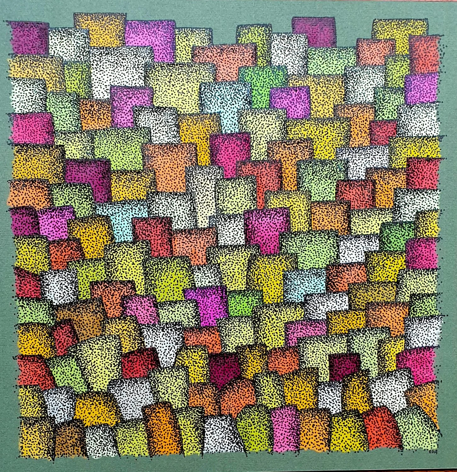 Colorful abstract artwork with numerous small, stacked rectangles in various bright colors such as pink, white, yellow, orange, green, and purple on a green background.