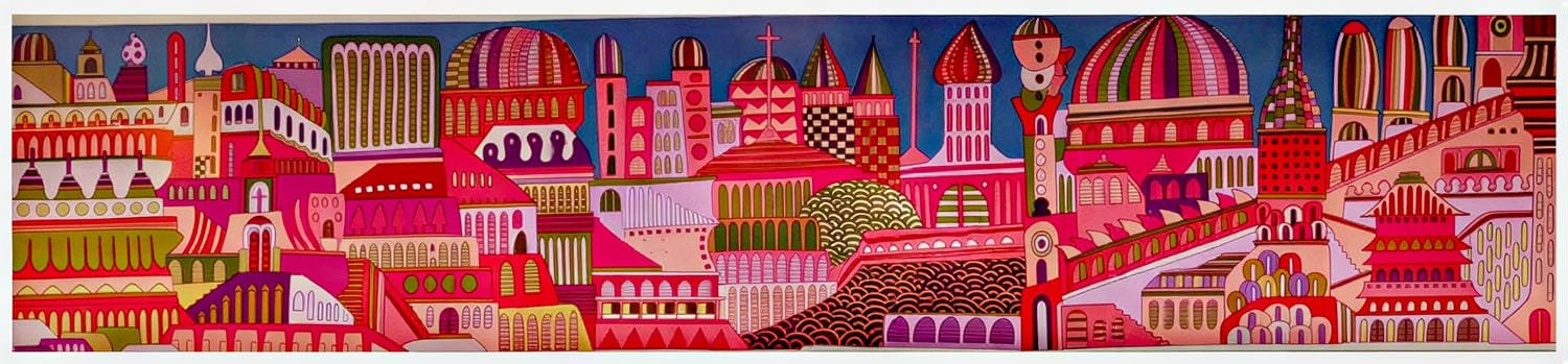 Colorful abstract cityscape featuring various stylized buildings, towers, domes, and bridges in pink, red, purple, and yellow hues.