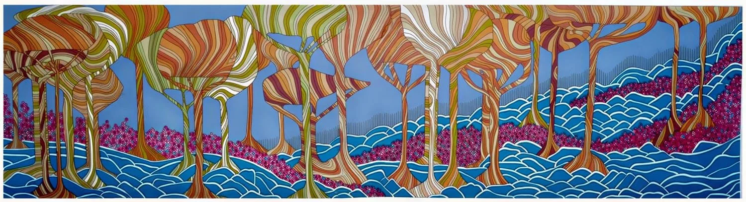 Colorful abstract mural of trees with striped trunks and leaves, pink flowers, and a wavy blue background.