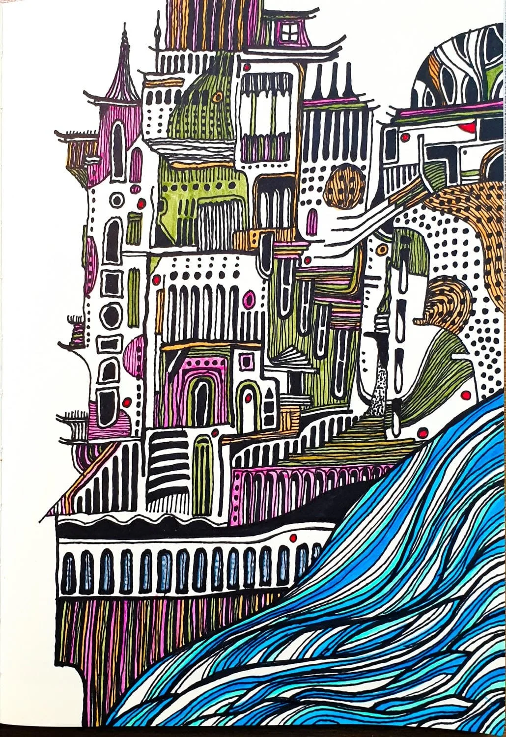 Colorful abstract drawing of a house with multiple levels, towers, and turrets, beside a blue water feature, using black outlines, pink, green, yellow, and orange accents.