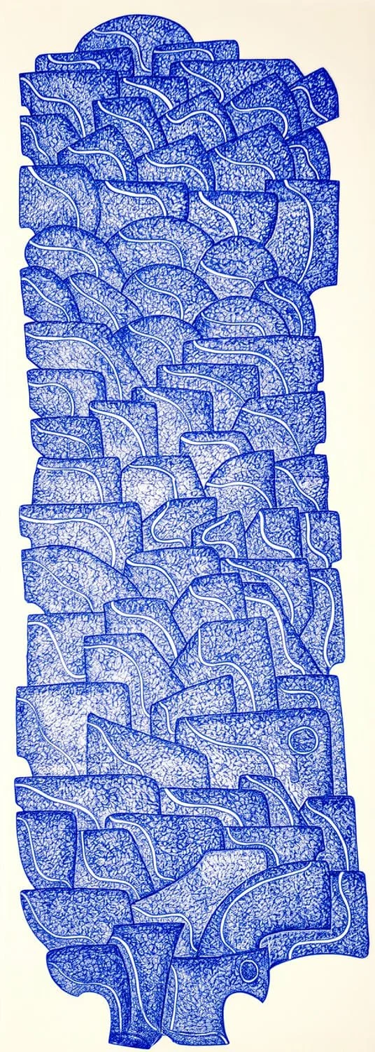 A complex abstract pattern composed of multiple blue and white textured shapes arranged vertically, resembling an intricate mosaic or stylized floral design.