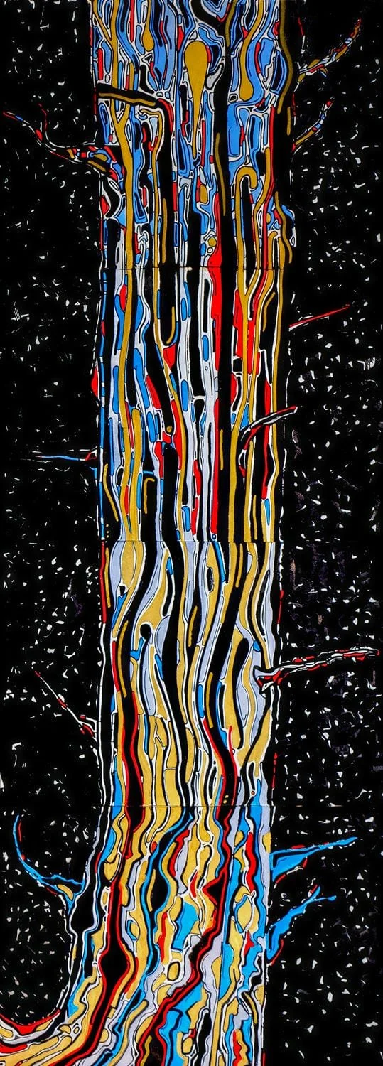 Abstract painting of a tree trunk with multicolored lines, against a black background with white specks.